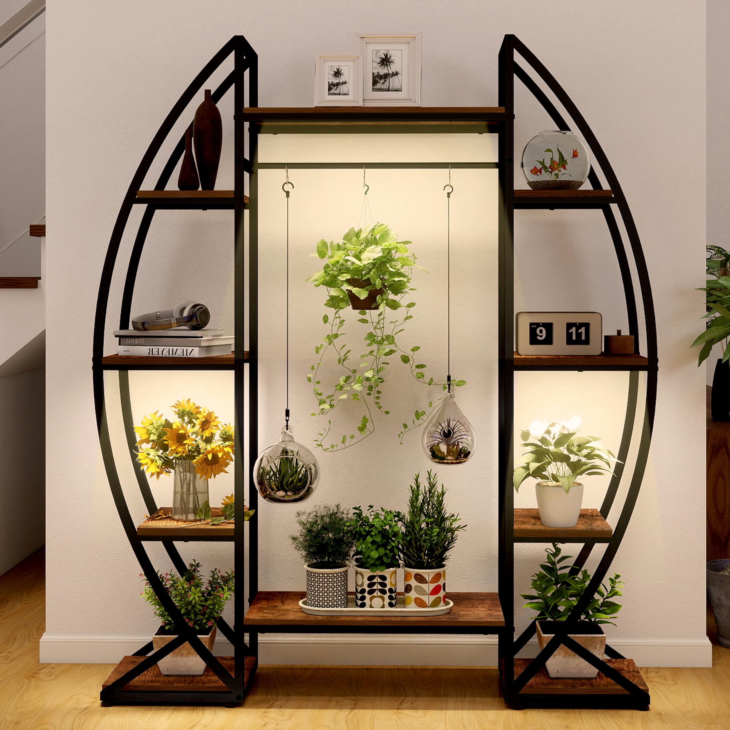 Trironsun Pflanzenständer mit Wachstumslampe 160cm Pflanzenregal aus Holz & Metall, 6 Ebenen Blumentreppe für Innen & Außen, Eckregal für Wohnzimmer, Balkon & Garten