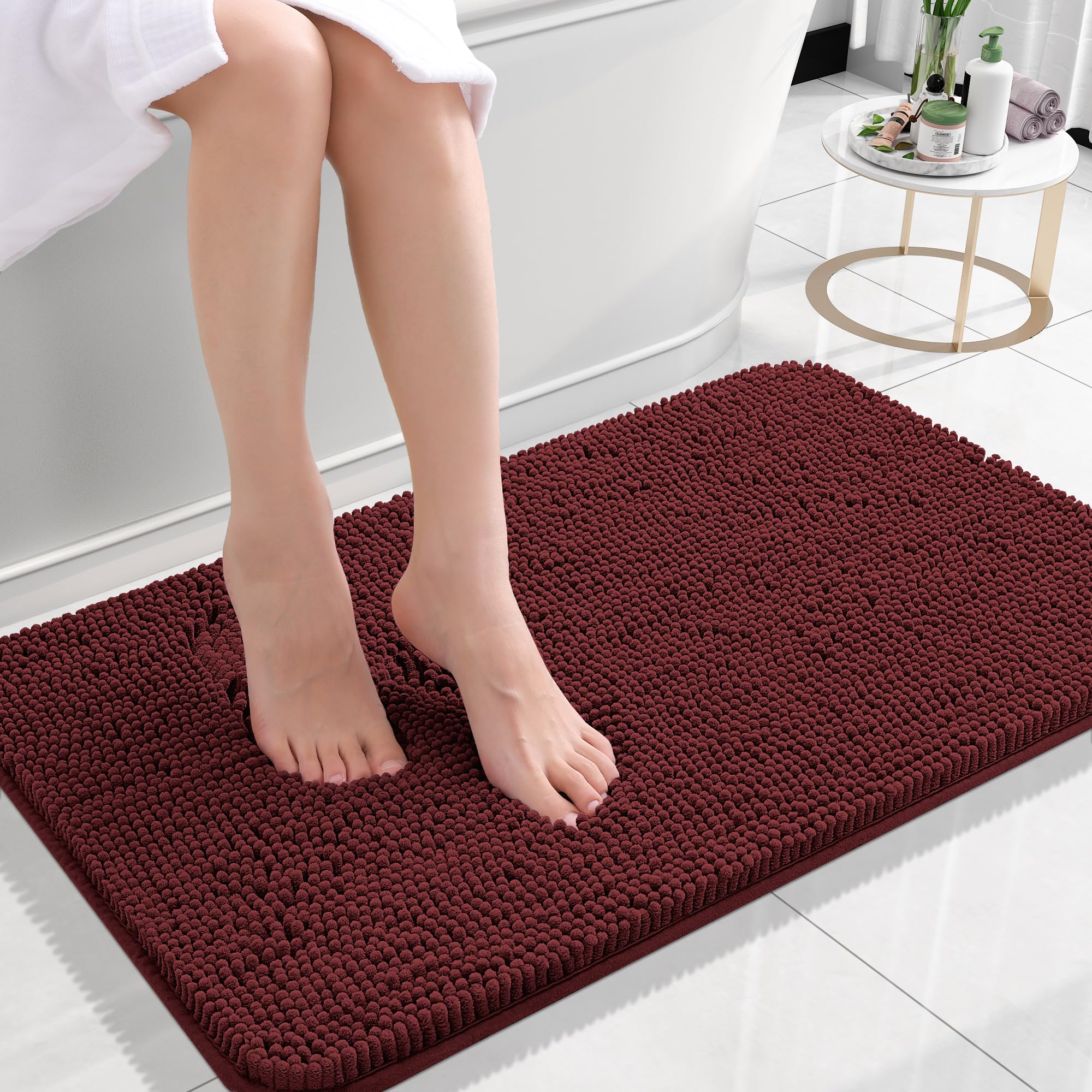 OLANLY Small Bathroom Rugs 24x16, Soft Absorbent Chenille Bath Rugs, Rubber Backing Quick Dry, Machine Washable Bath Mats for Bathroom Floor, Tub and Shower, Home Decor Accessories, Andorra Red-Brown | Andorra Red-Brown, Quick-Drying Rubber Backing, Washable Bath Mat for Bathroom Floor, Tub and Shower, Home Decor Accessories