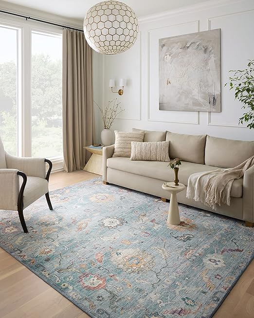 Loloi Margot Collection MAT-06 Denim/Multi 8'-6" x 11'-6" Area Rug, No-Shed Easy Clean Large Patterned Area Rug for Living Room, Bedroom, Dining Area