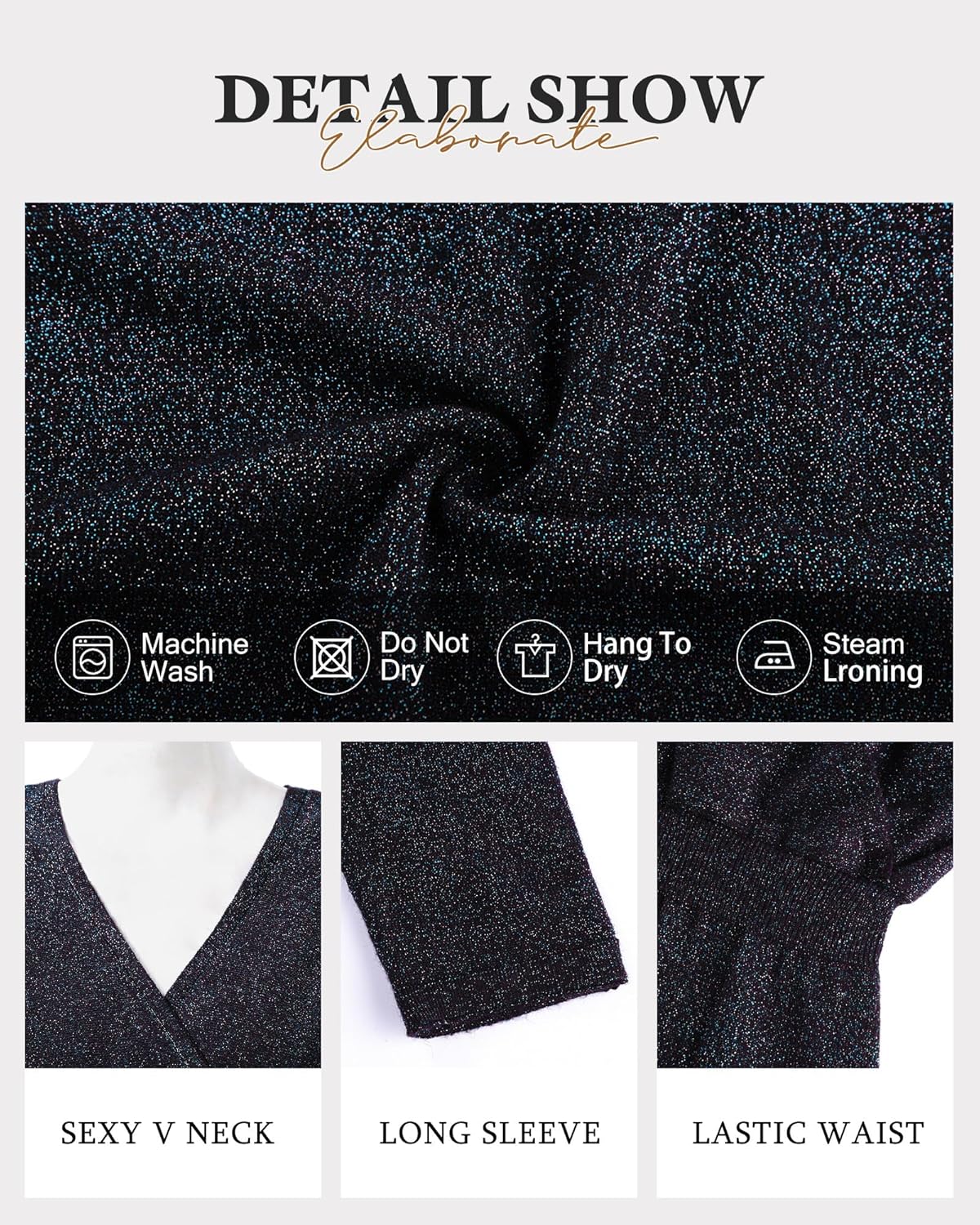 Bebonnie Womens Sexy V Neck Batwing Sleeve Sparkly Cocktail Party Sweater Dresses Holiday Bodycon Midi Dress - Image 6