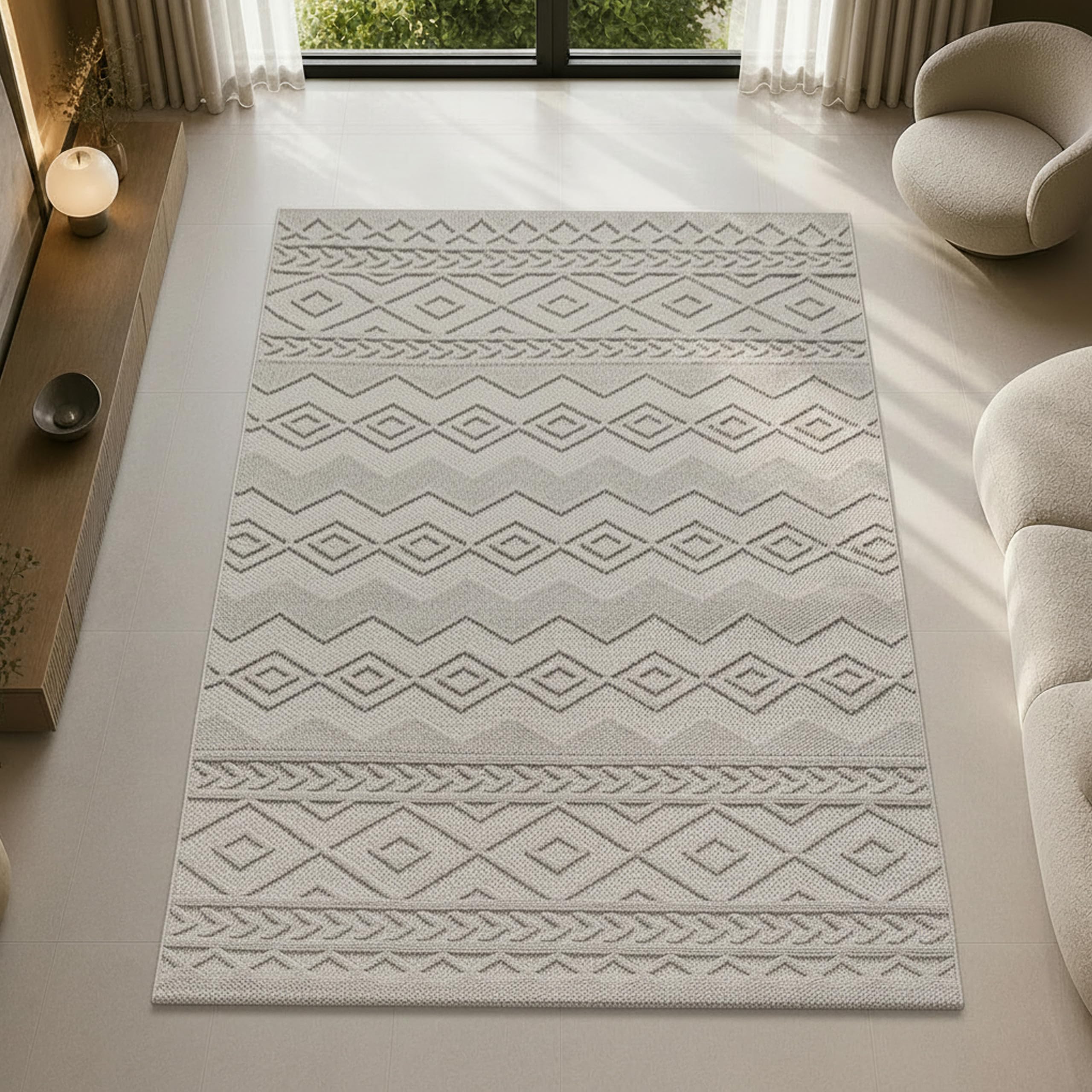 Tapis de couloir Boho Loop géométrique beige 80x250 pour sol chauffant