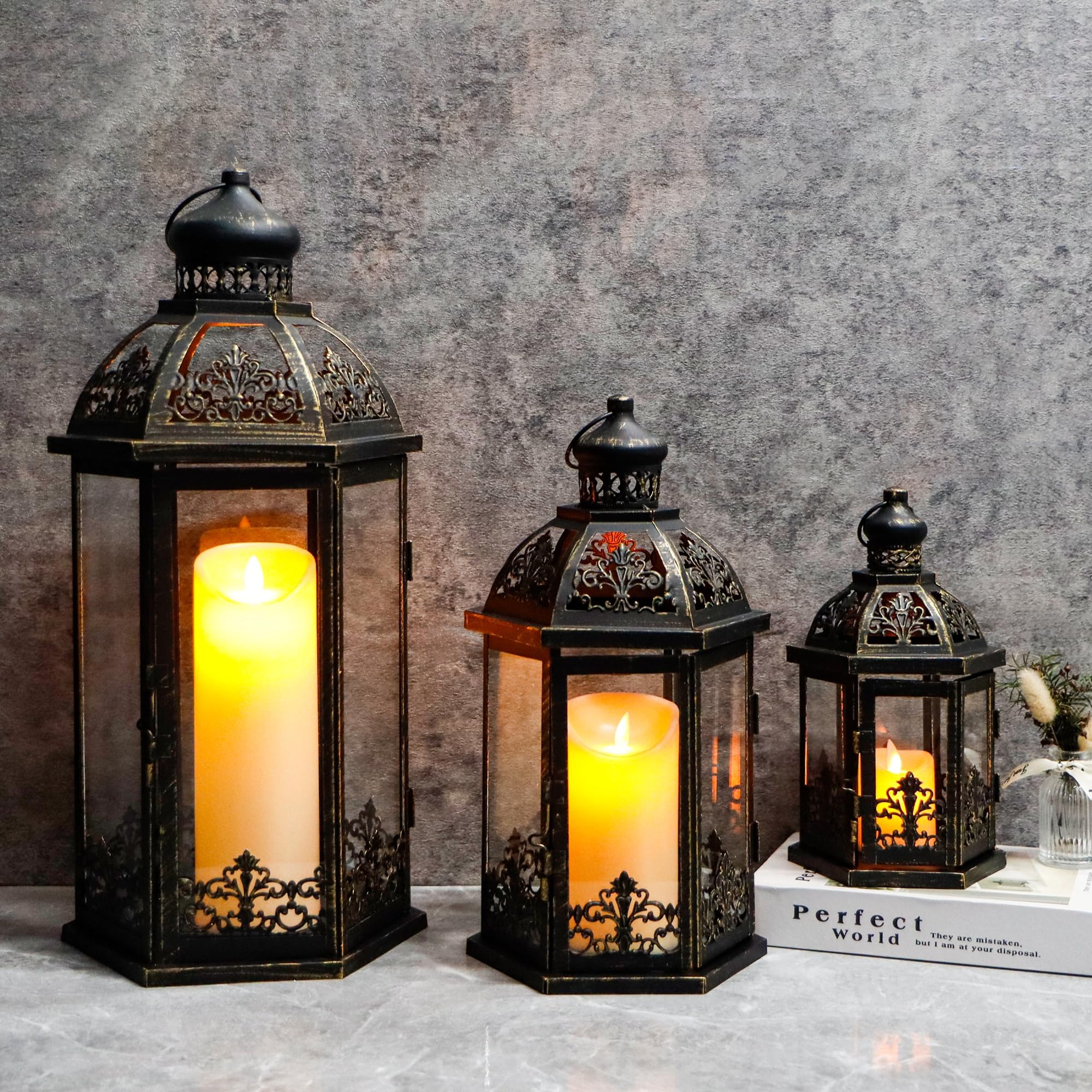 TRIROCKS Lot de 3 lanternes à bougie décoratives en métal noir parfaites pour jardin, cour, terrasse
