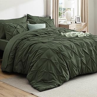 Bedsure Full Comforter Set Olive Green - Bed in a Bag Full Size Bedding Set 7 Pieces, GentleSoft™ Pintuck Bed Set Gift for Family, Pinch Pleat All Season Comforter with Sheets, Pillowcases & Shams