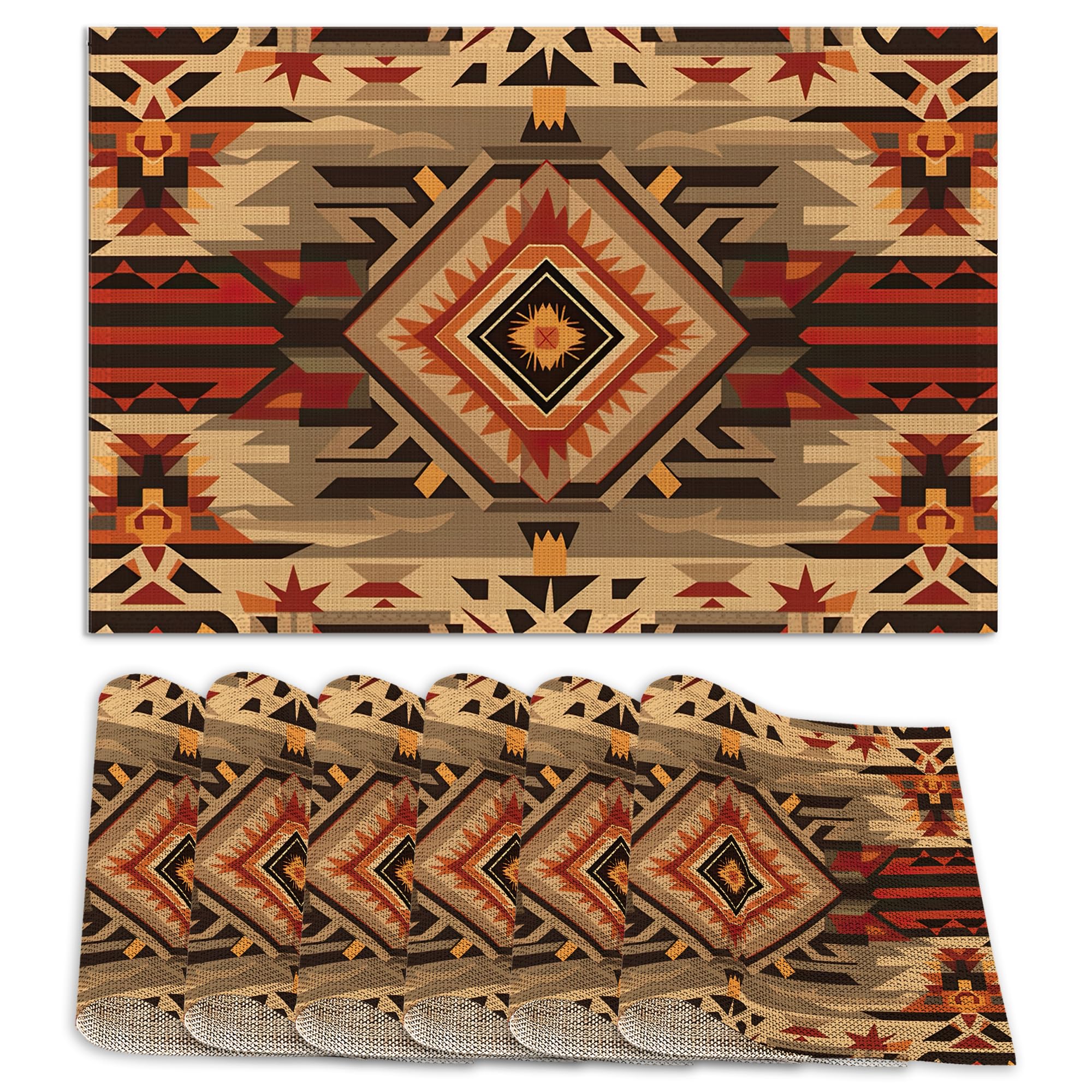 Juego de 6 manteles individuales lavables con estampado suroeste, antideslizantes, resistentes al calor, 12 x 18 pulgadas de grosor, decorativos, geométricos, de lino, para mesa de comedor y