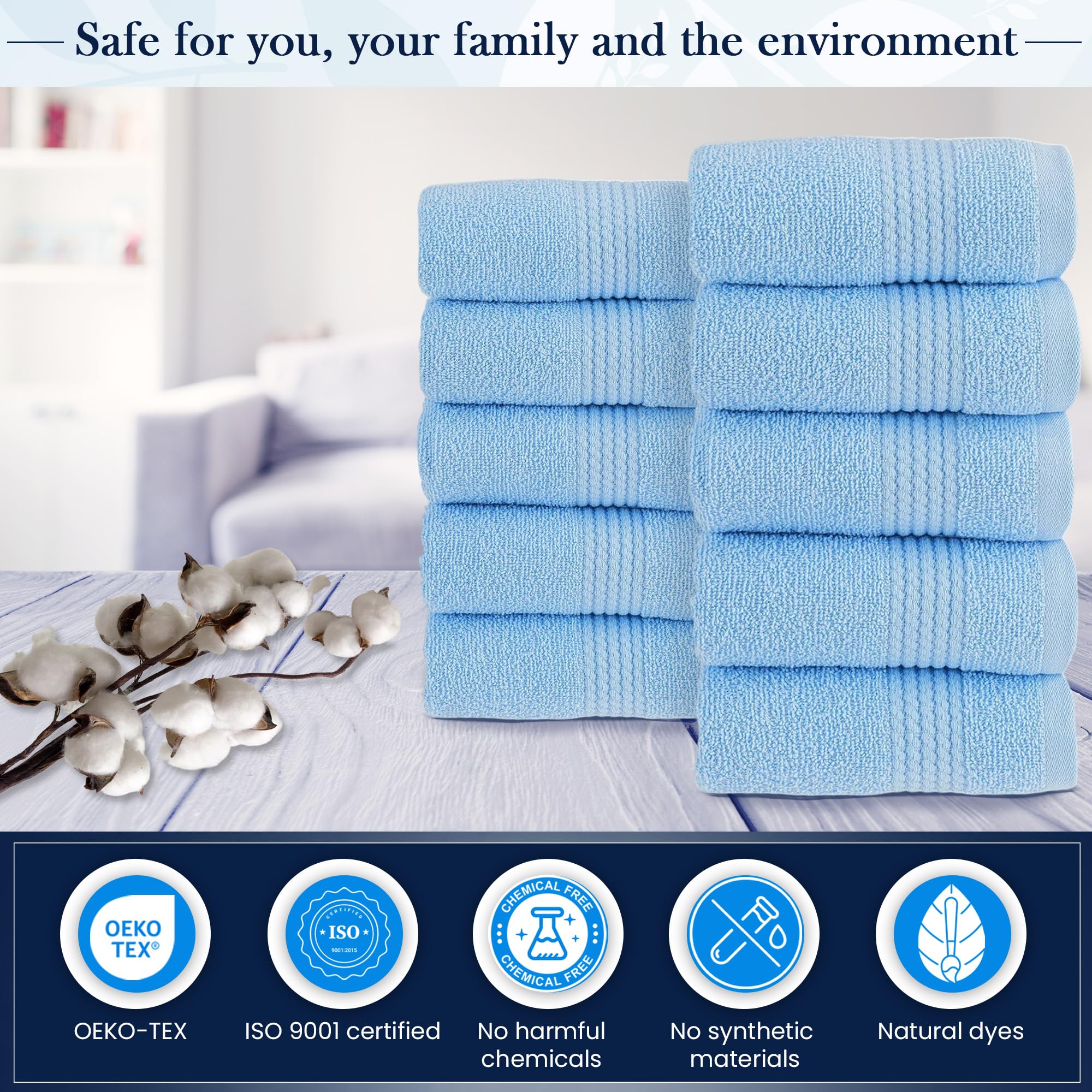 HALLEY Turkish Cotton Towels (Pack of 10) Washcloths Super Soft Highly Absorbent 100% Cotton Fingertip Towels for Bathroom and Kitchen for Mother’s Day (Powder Blue)