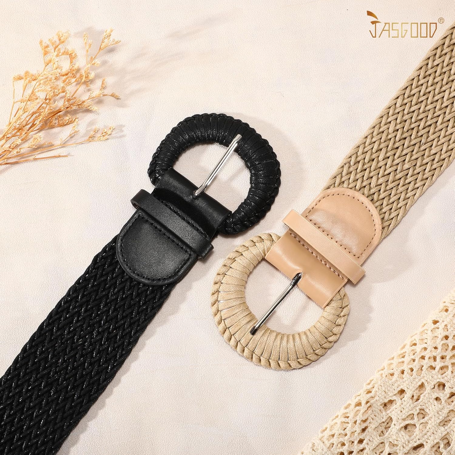 JASGOOD 2 Pack Women Woven Waist Belt for Dress Boho Rattan Belt Wide Braided Belt with Round Buckle - Image 3