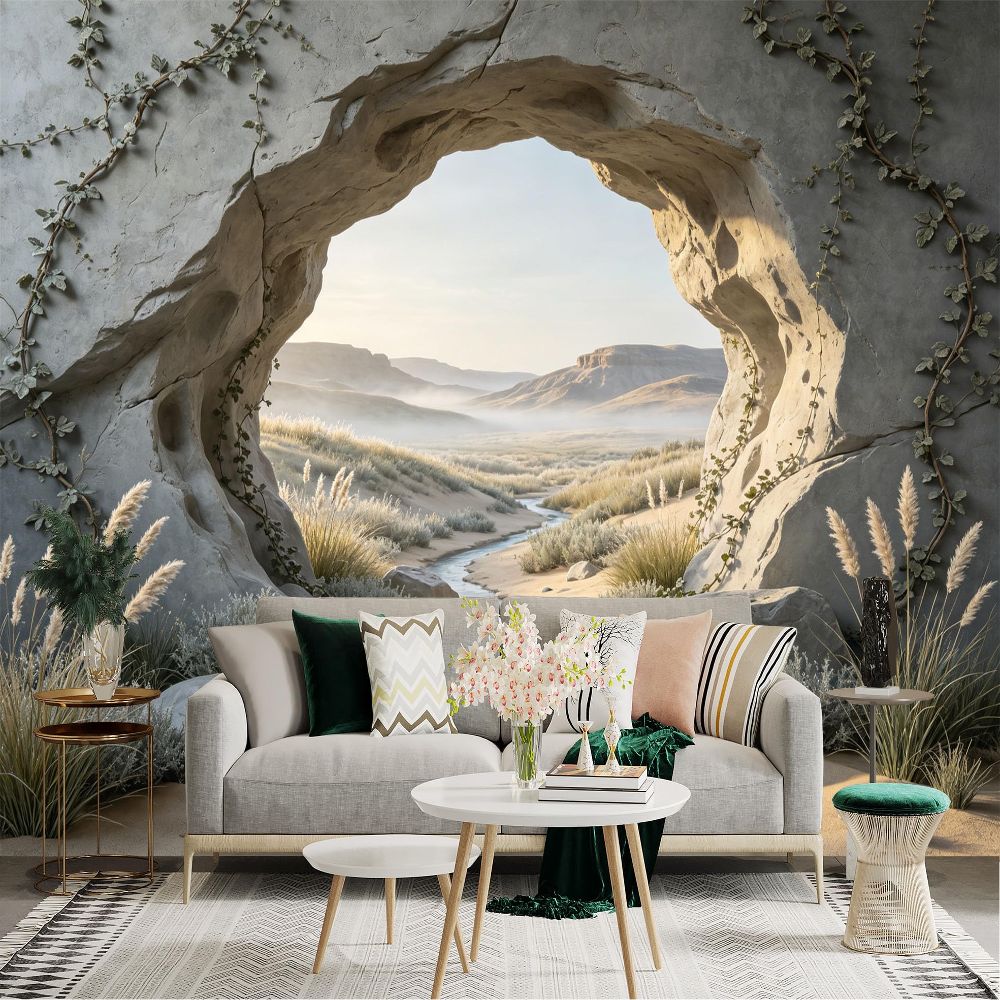 Custom Size Wall Sticker Mural， Desert Canyon View with Stream， Rocks and Climbing Vines， for wall Decoration， peelandstick wall Decals.