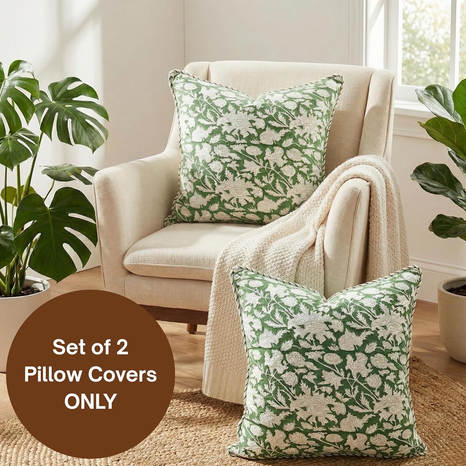 ATOSII Block Print Throw Pillow Covers, 20 X 20 - Set of 2, Decorative Couch Pillows for Living Room Bed Sofa, 100% Cotton Canvas Pillow Case for Home Decor & Outdoors, Preppy Throws - Meraki Green