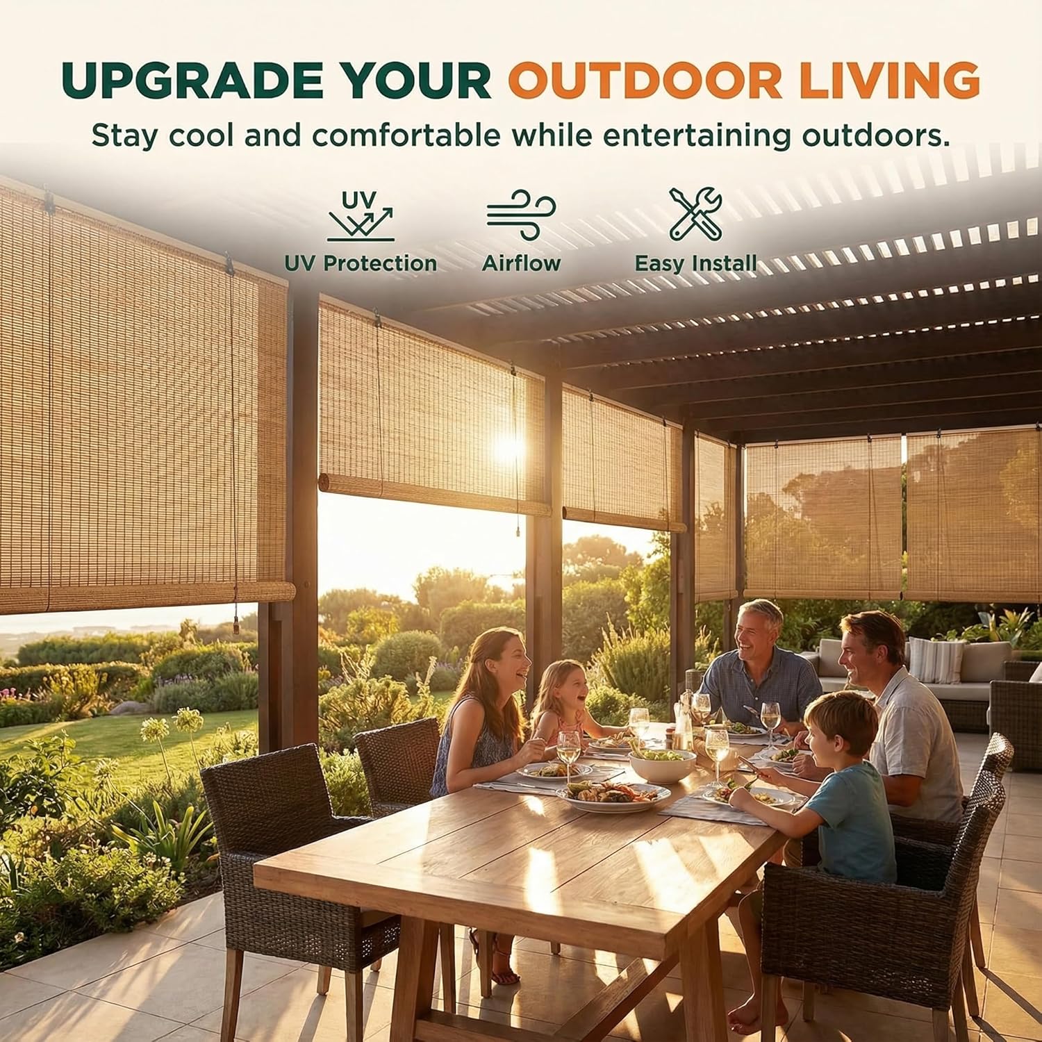 Bamboo Blinds for Interior Windows, Custom Bamboo Shades for Indoor Windows, Roller Shades for Indoor Window and Outdoor Patio, Easy to Install for Decks, Porches, Backyards