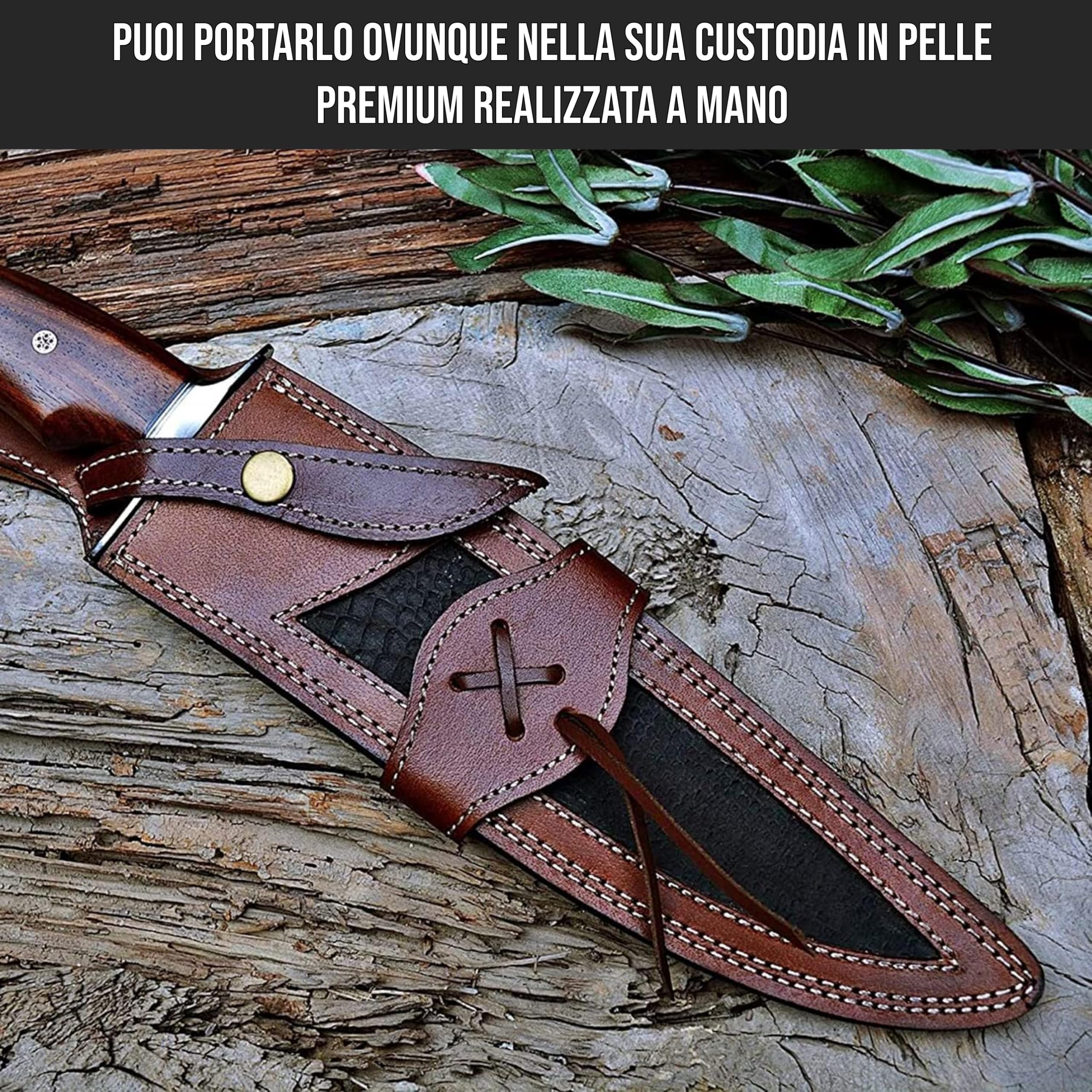 BIGCAT ROAR Coltello da caccia in damasco fatto a mano - Coltello da caccia a lama fissa con fodero e manico in legno di noce - Coltello da scuoio EDC da 38 cm - Screaming Eagle