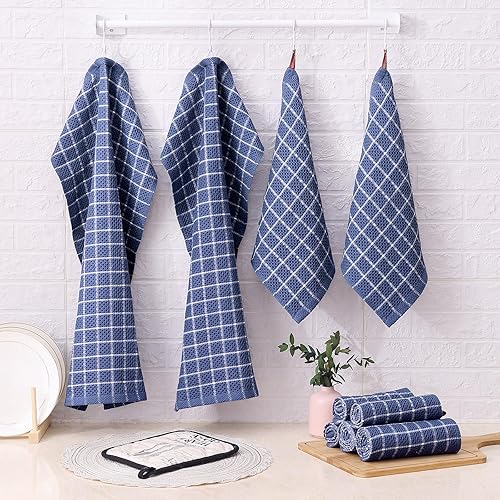 Miniatura 5 de Fintale Juego de toallas de cocina y paños de cocina, suaves, superabsorbentes y de secado rápido para cocina, paquete de 8 (diseño de rejilla, azul