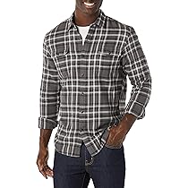 Amazon Essentials Camicia in Flanella con Due Tasche a Maniche Lunghe vestibilità Aderente Uomo, Grigio Motivo Scozzese, XL
