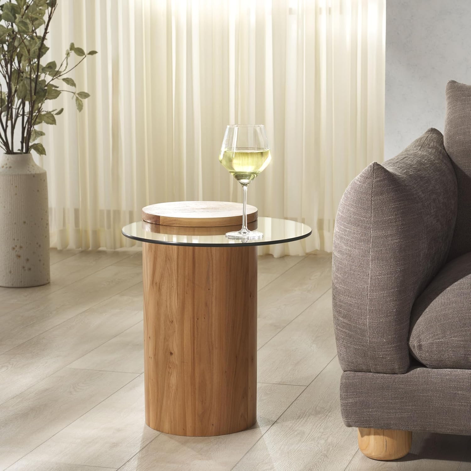 SAFAVIEH Couture Collection Tasharose Natural Brown Solid Wood Natural & Clear Glass Top Pedestal Accent Table
