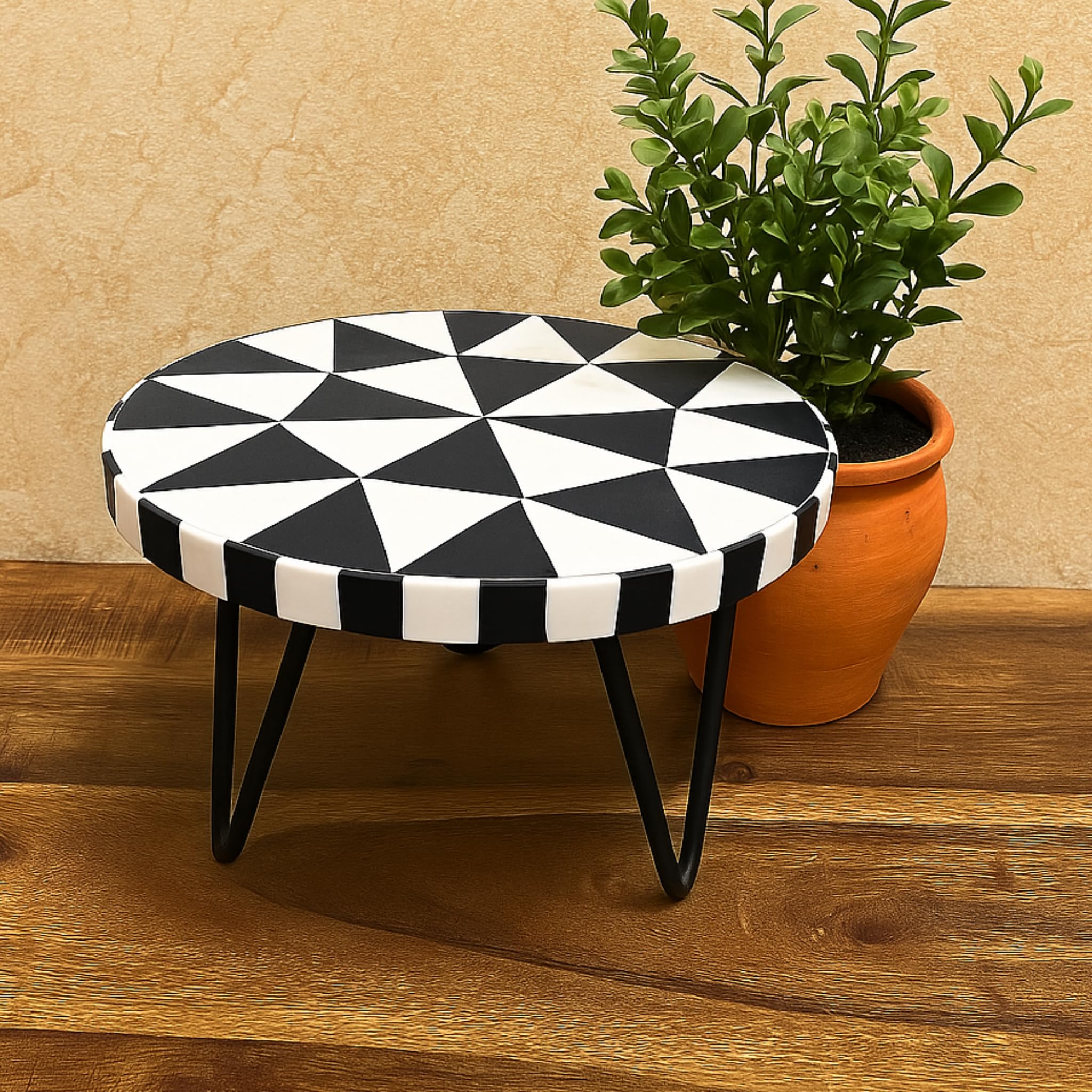 The RAAVYA Handcrafted Wooden Cake Stand with Twisted Metal Legs Black White Geometric Quill Design 10 Inch Round Opulent Display Tray for Cakes Pastries Cupcakes Weddings Birthdays Cafes & Gifting