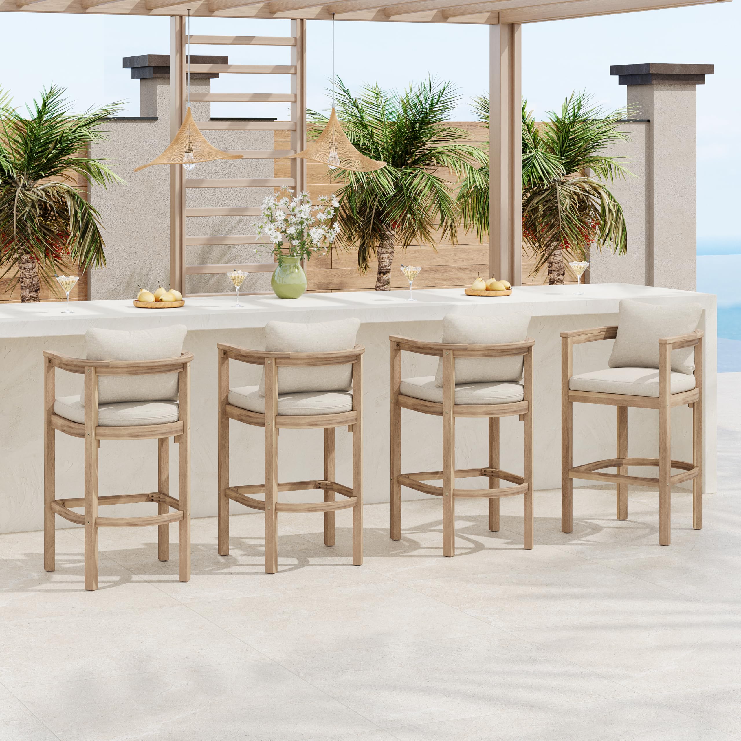 Photo 1 of ***FACTORY SEALED - OPENED FOR INSPECTION*** Christopher Knight Home Kuart Acacia Wood Outdoor Bar Stool Set of 4 with Cushion, Patio Armchair Set for Bar Table, Wooden Patio Counter Height Bar Stool with Footrest, Natural Washed+Beige