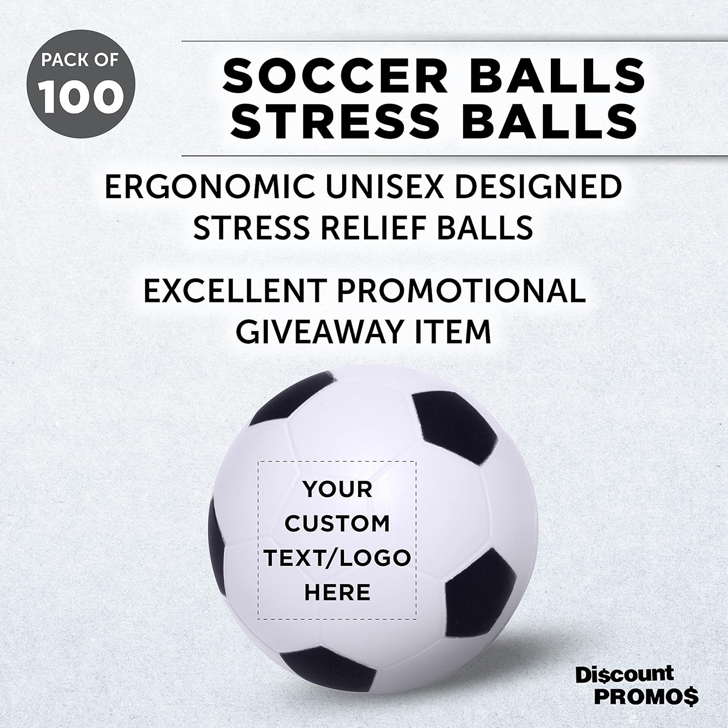 DISCOUNT PROMOS Custom Soccer Ball Shaped Squeeze Balls Set of 100, Personalized Bulk Pack - Perfect for Promotional Giveaways - White