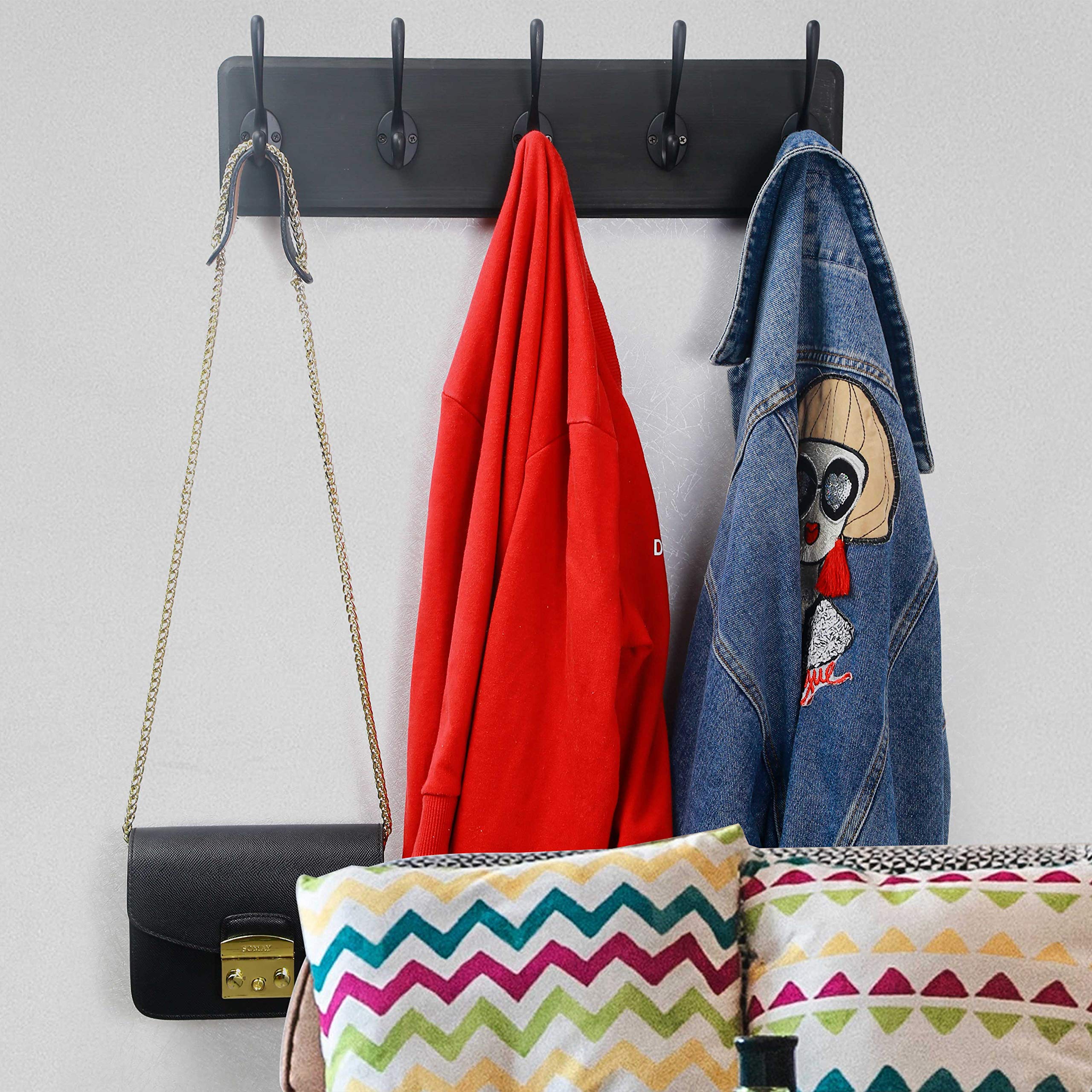 SKOLOO Rustic Wall Mounted Coat Rack: 16-inches Hole to Hole, Case of 2, Pine Solid Wood Coat Hook Hanger - 5 Hooks for Hanging Clothes Robes Towels Coats