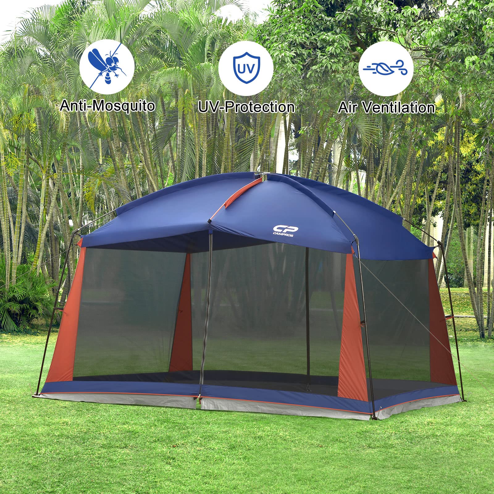 CAMPROS CP Screen House 30 x 25 m, ekranowana siatka siatkowa, baldachim ścienny, osłona namiotu, altana, na patio, do aktywności na świeżym powietrzu, na kemping, kolor niebieski