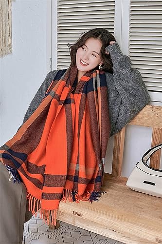 Miniatura 5 de Alidamo Bufanda de invierno con tacto de cachemira de lana con borla de pashmina, bufandas suaves, teñido anudado y a cuadros, colores sólidos