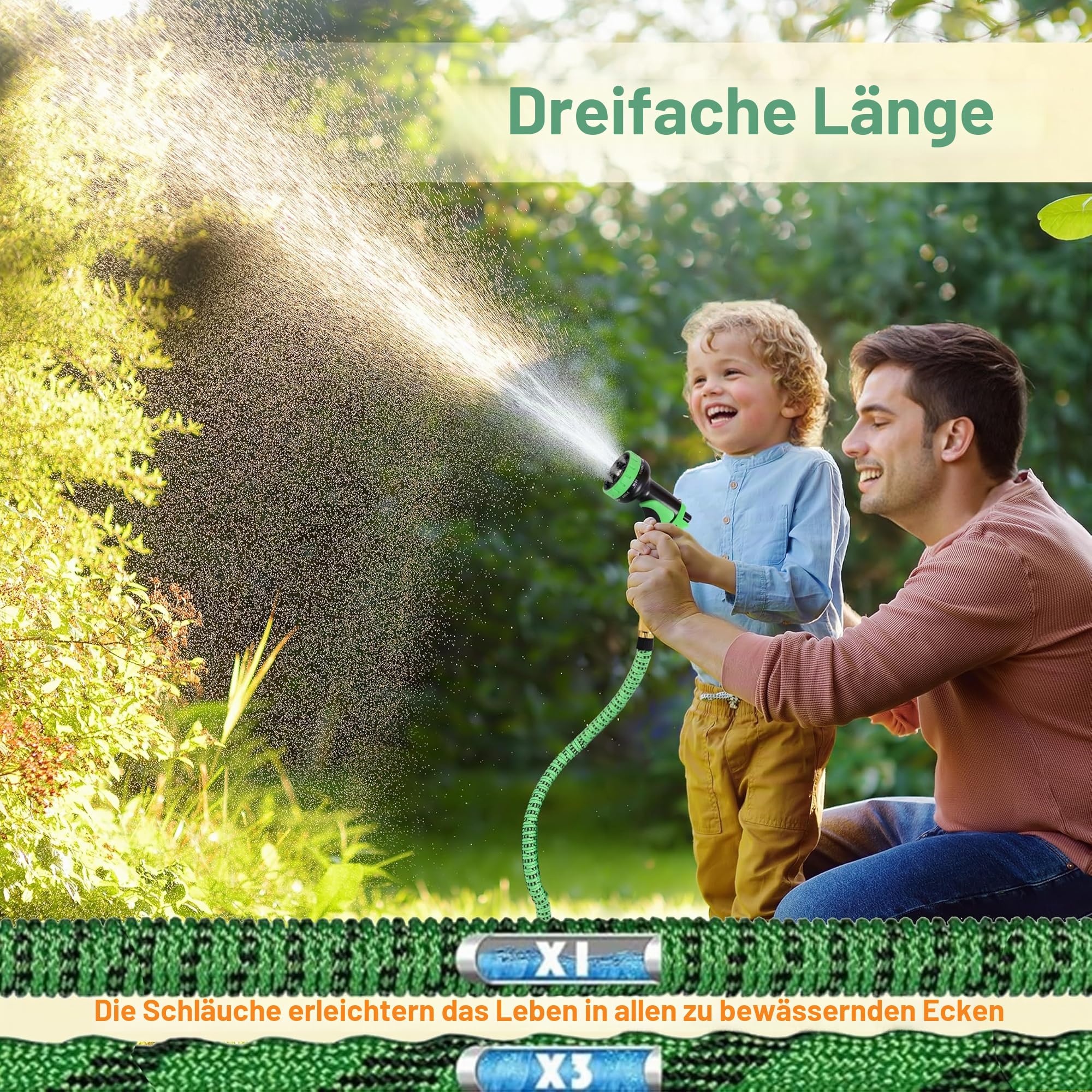 Flexibler Gartenschlauch 45m, 10 Funktionen, selbsteinziehend | Hochdicht gewebtes TPE, dichter Metallanschluss und 6-in-1 Zubehörset mit Handschuhen für Garten und Terrasse