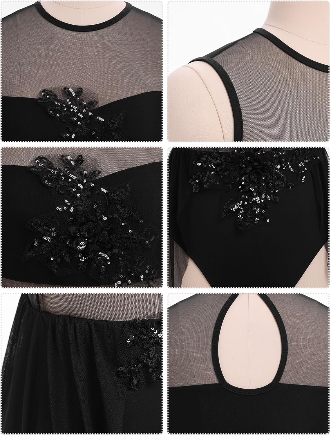 AFAVOM Sequin Flower Lyrical Dance Dress for Women Modern Contemporary Dance Costume Mesh Flowy Tulle Skirt for Performance