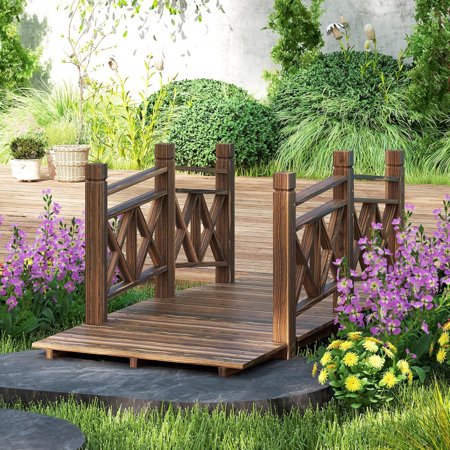 JHshop 4.7 ft Garden Bridge, Arch Walkway Wooden Bridge, Decorative Landscaping Footbridge for Garden Pathway,Garden Pathway or Rustic Wedding Decor,Bridge Walkway for Garden Yard Patio - Carbonized