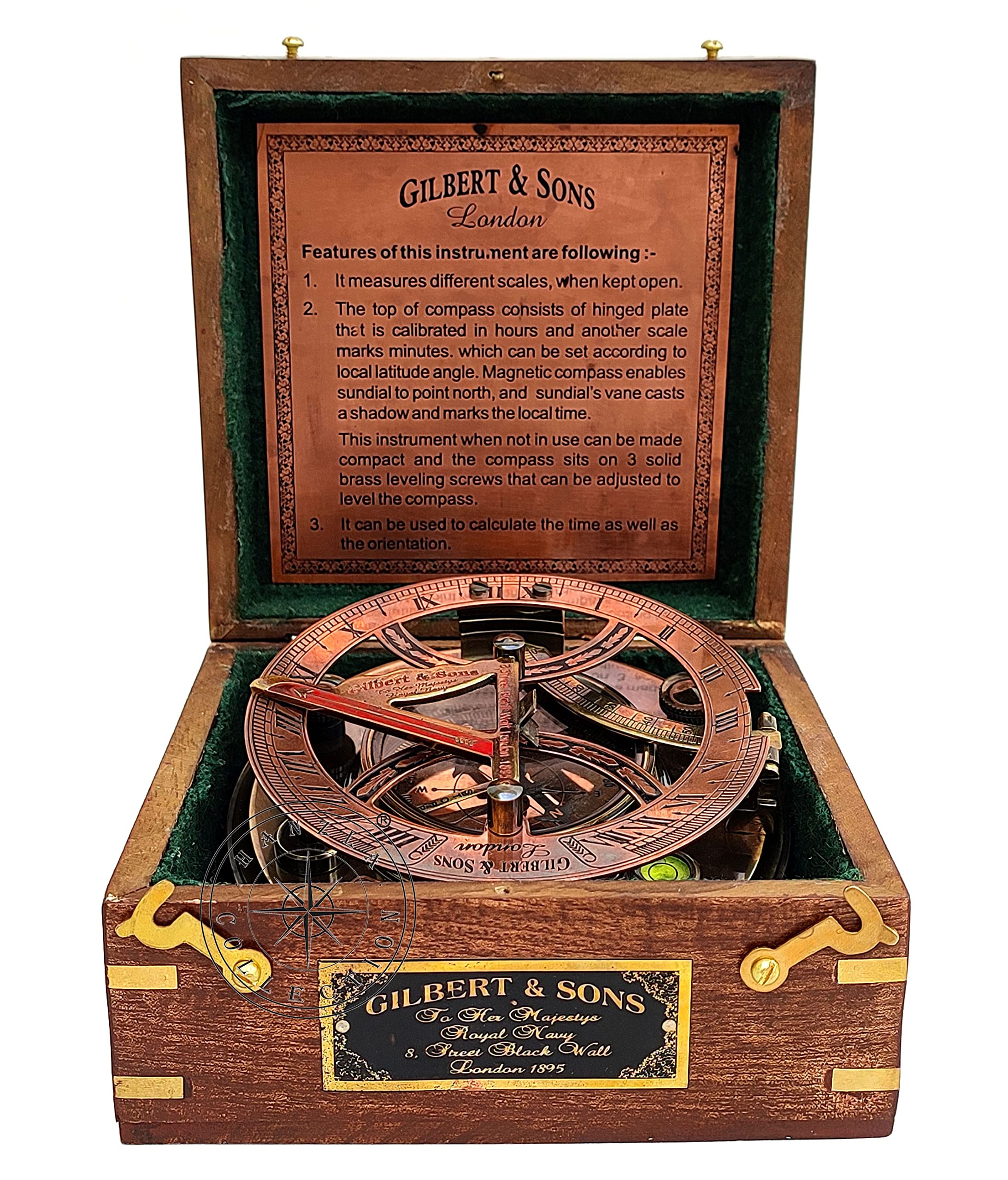Sonnenuhr-Kompass, perfekt kalibriert, 12,7 cm, großer Sonnenuhr-Kompass mit Holzbox, hochwertige gravierte Messing-Sonnenuhr