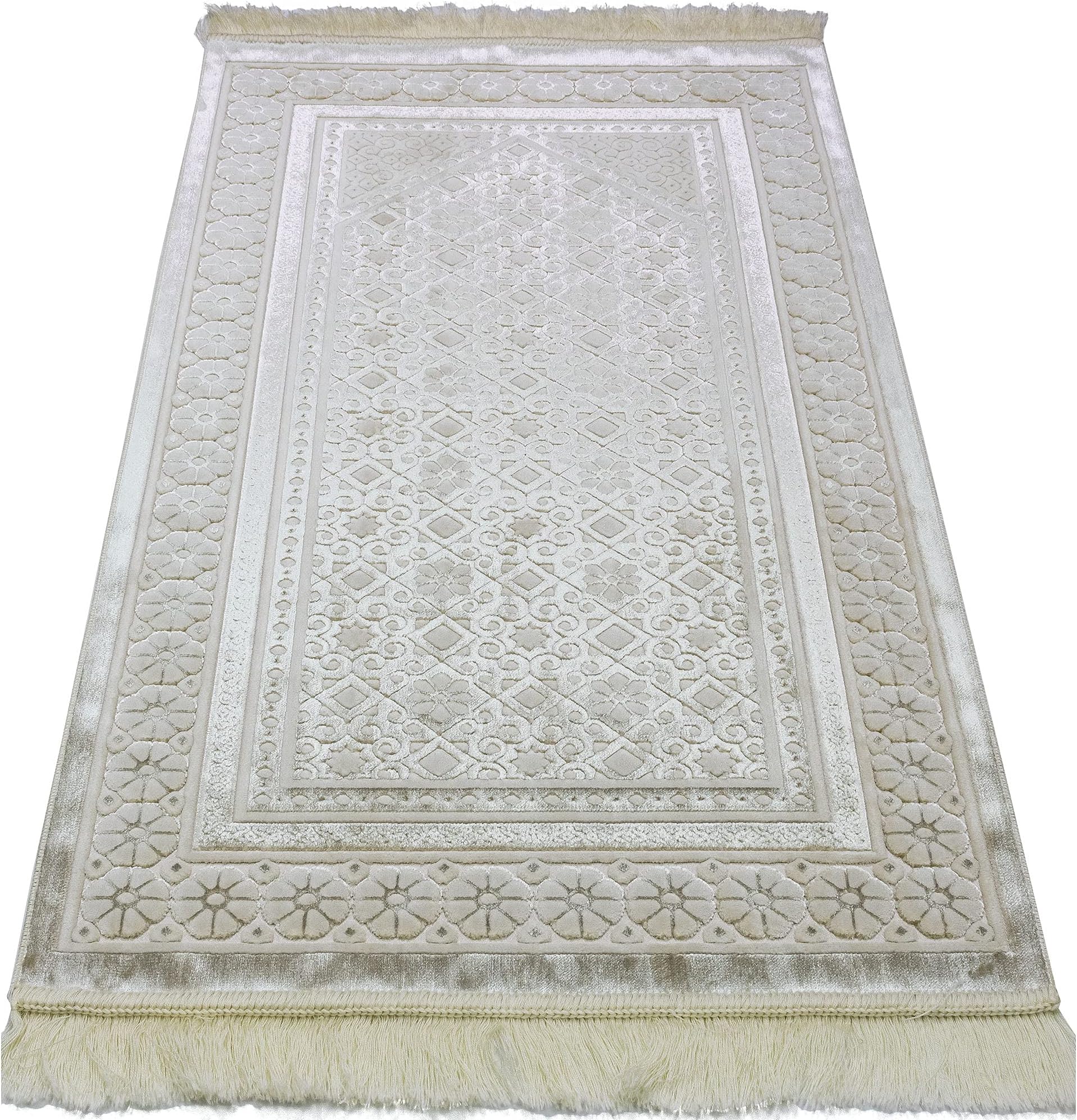 ModefaVelvet Islamic Prayer Rug with Prayer Beads Turkish Janamaz Sajadah Floral Stamp Luxury Plush (Ivory)