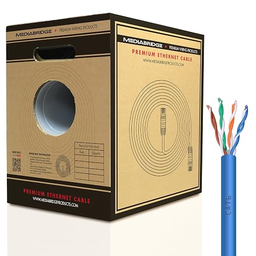 Mediabridge Pure Copper Cat6 Cable (500 Feet, Blue) - 10Gbps Ethernet, Solid, in-Wall Rated, w/Premium Snagless Pull-Out Box - (Part# C6-500-BLUE)