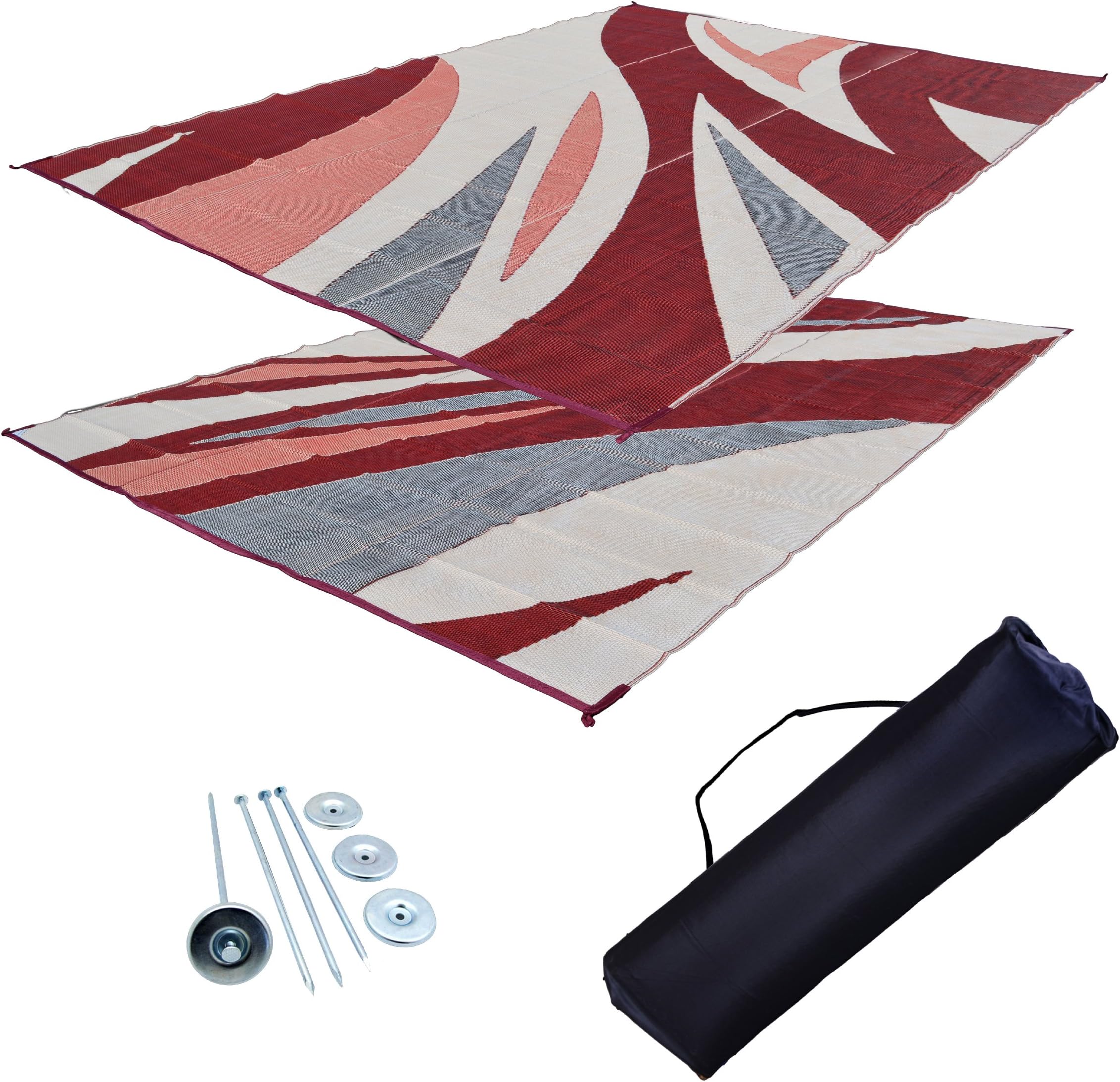EZ Travel Mats RV Patio Mat Awning Mat Outdoor Leisure Mat 9x18 Burgundy Wave Complete Kit