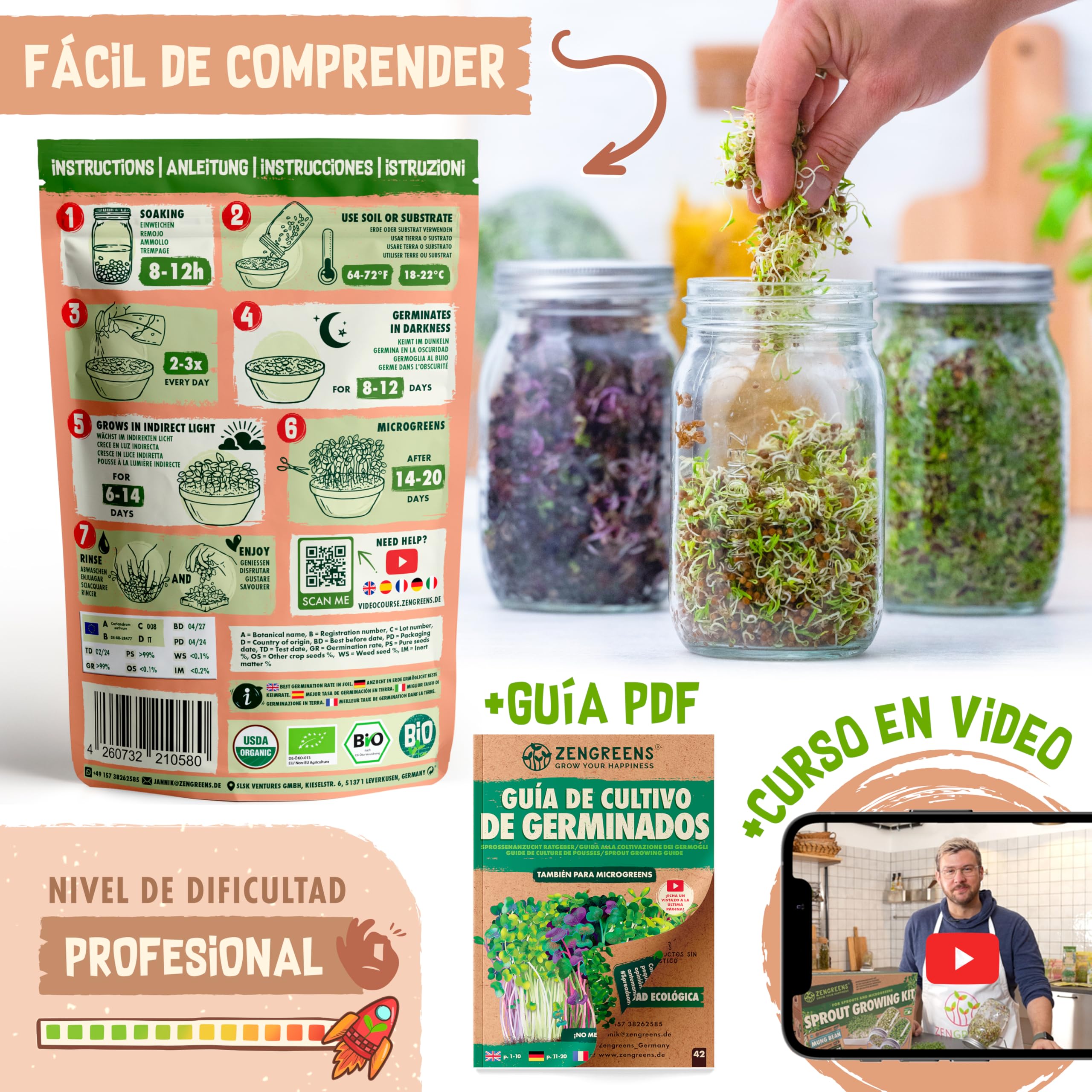 ZenGreens® - Semillas de cilantro ecológico - 200g- brotes de coriandro - germinación de más del 97% - Microgreens