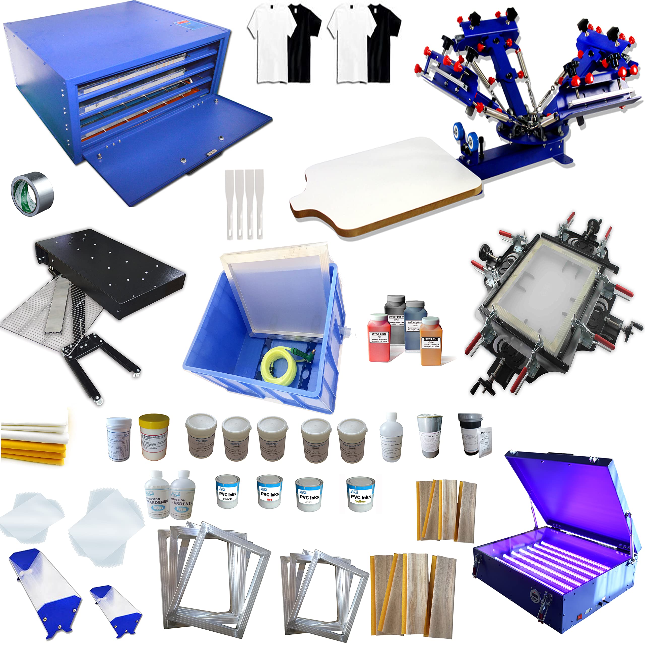 INTSUPERMAI 4 Color 1 Station Screen Printing Kit wih UV Exposure Unit Screen Drying Cabinet Flash Dryer Screen Printing Materials T-Shirt Hobby DIY Silk Screen Printing Kit