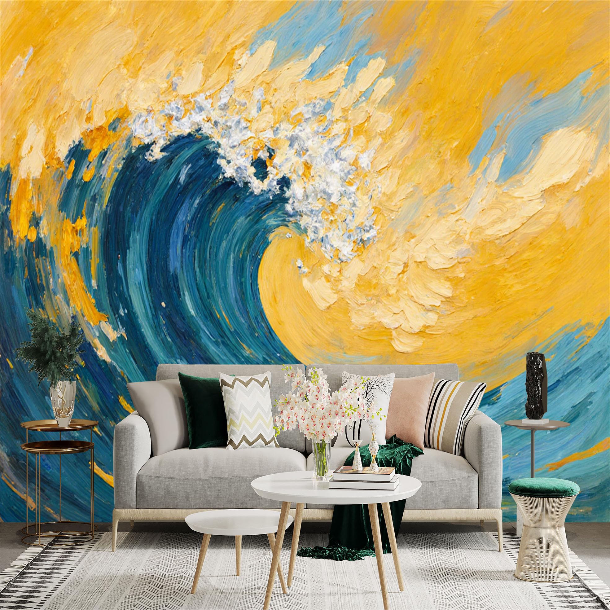 Custom Size Wall Sticker Mural， Abstract Ocean Wave， Blue and Gold Oil Painting Texture， Sea Seascape Art， for wall Decoration， peelandstick wall Decals.