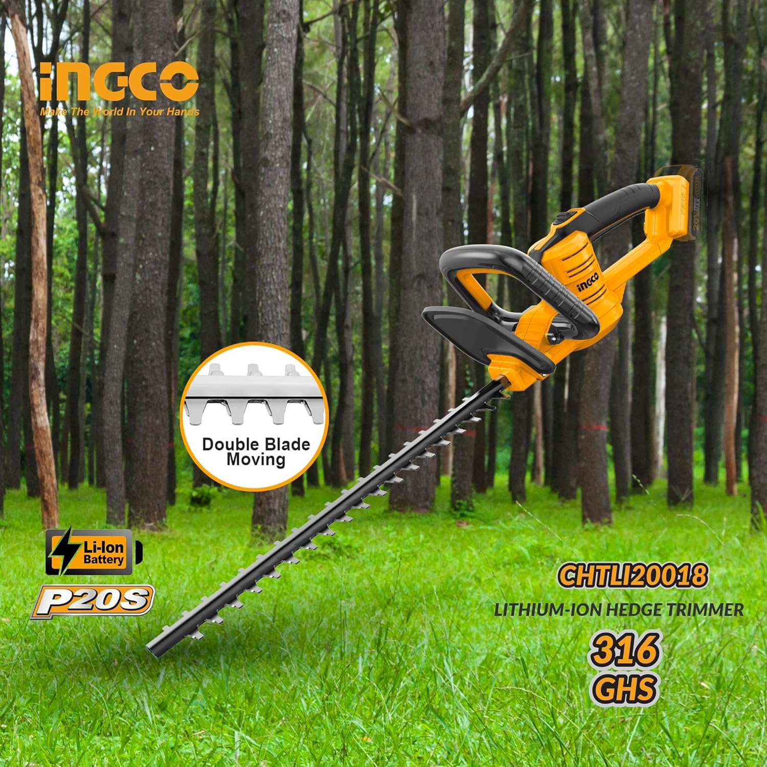 INGCO CHTLI20018 hedge trimmer in use, showing double blade movement