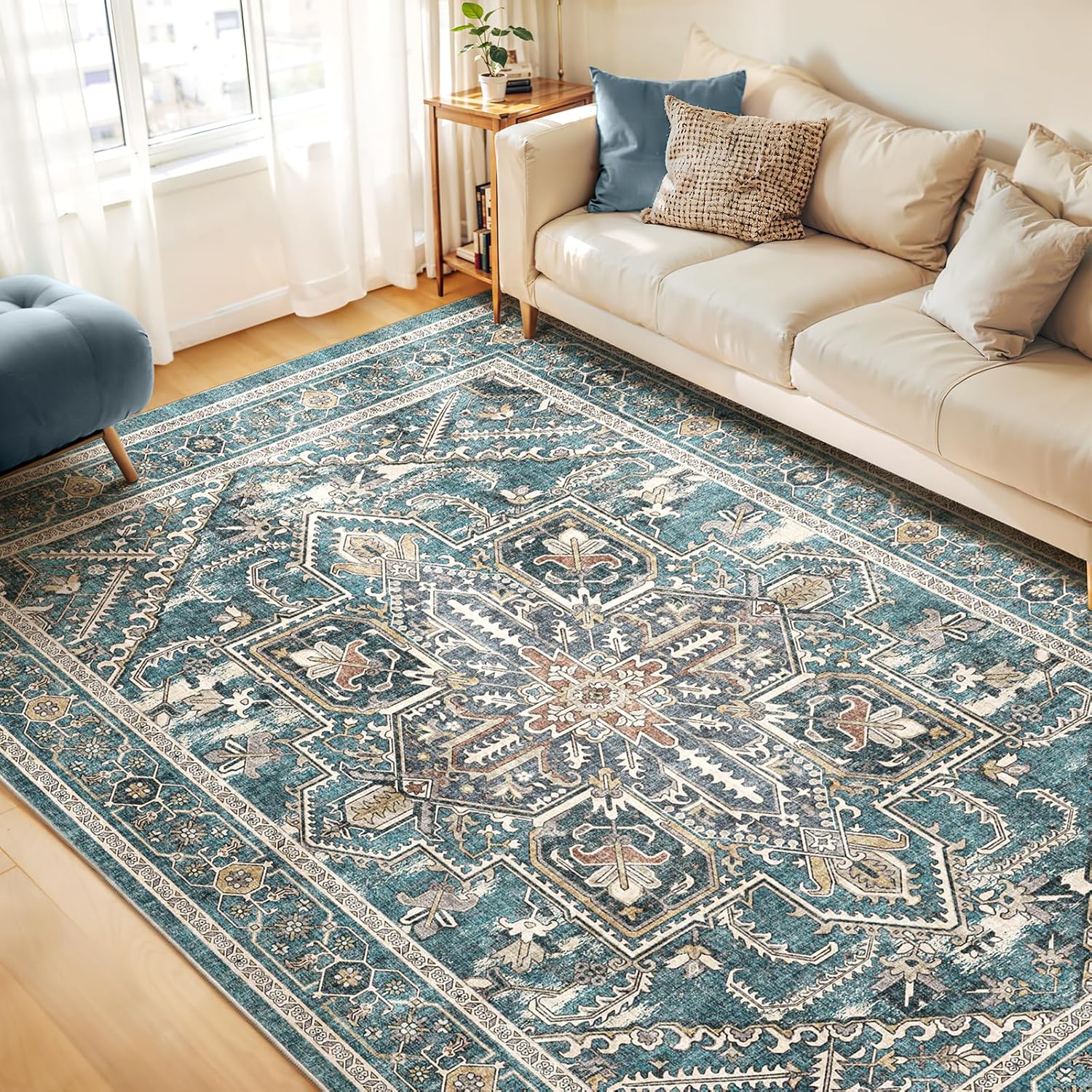 WITSHOCK Living Room Area Rugs 8x10: Washable Rug Boho Soft Non-Slip Low Pile Stain Resistant Foldable Carpet for Bedroom Playroom Dining Room Office Kitchen Farmhouse Home Decor Rug-Dull Teal 8' x 10' (Rectangular) Dull Teal