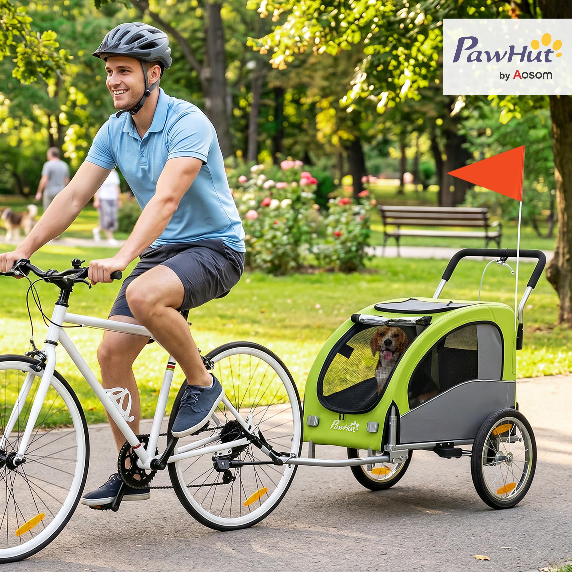 PawHut Remolque de Bicicleta Perros 2 en 1, Carrito para Perros Medianos y Gatos Plegable con Suspensión, Neumáticos Grandes, Ventanas de Malla, Freno de Mano, Reflectores, Bandera, Verde