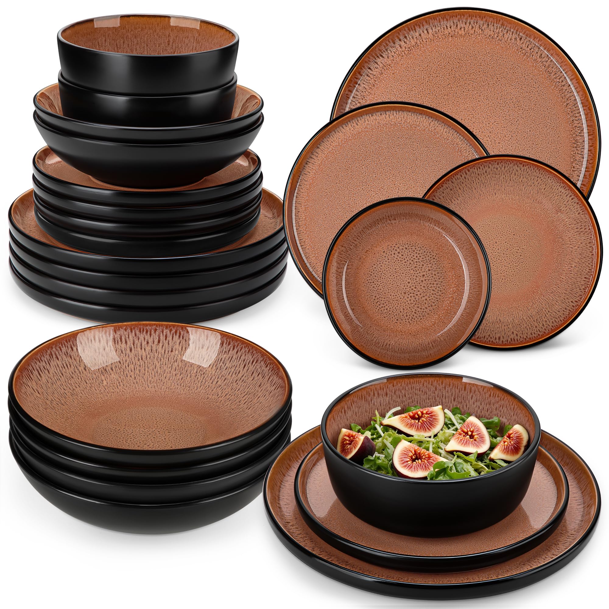 vancasso Amber 24 Pieces Dinner Set for 6, Reactive Glaze Stoneware Plates and Bowls Set, Red Crockery Set with Dinner Plates, Dessert Plates, Soup Bowls & Cereal Bowls, Microwave & Dishwasher Safe