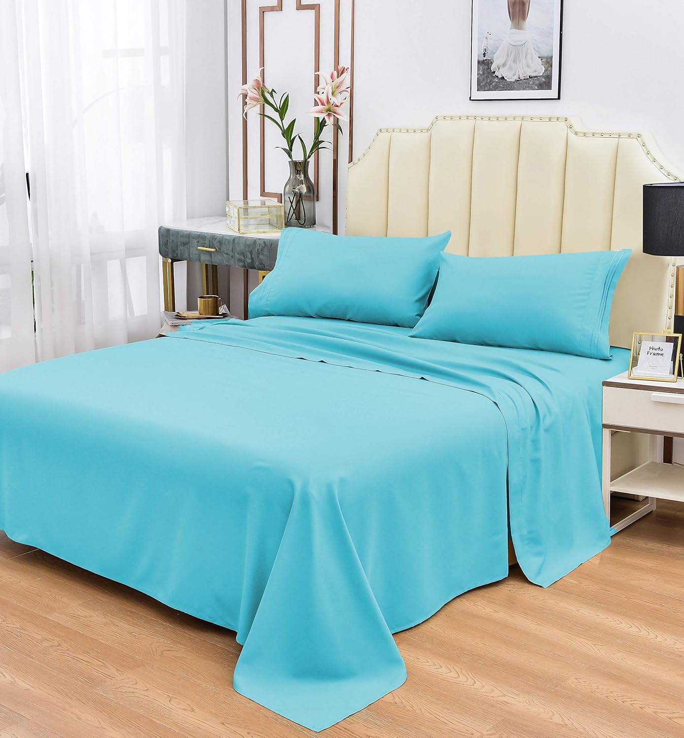 Xtream Fabric 100% Natural Cotton Sateen Weave 800 Thread Count Full Size 4 Piece Sheet Set - 1 Flat Sheet, 1 Fitted Sheet and 2 Pillowcase - Fits Mattress Up to 15" Deep Pocket Aqua