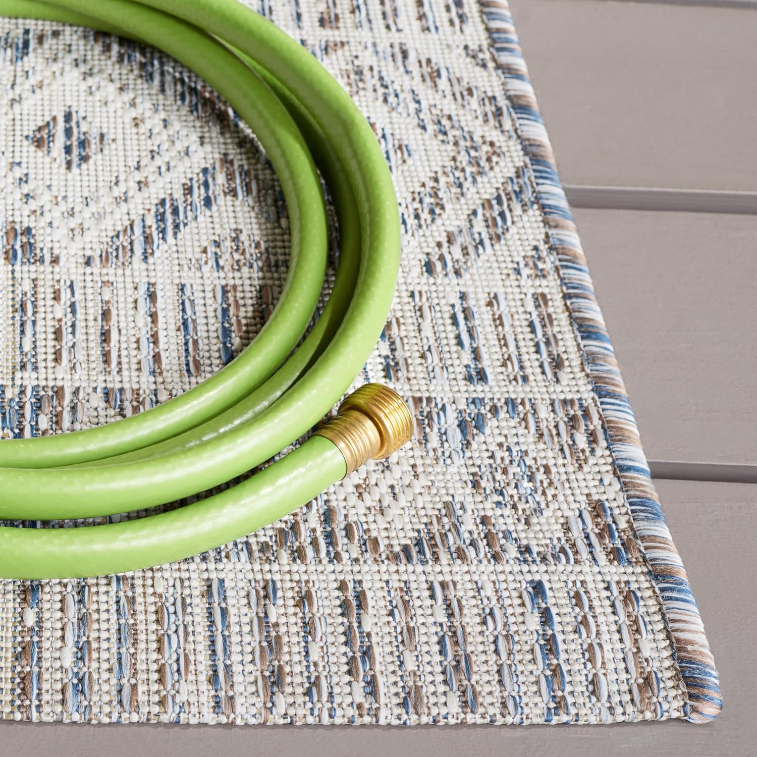 SAFAVIEH Washable Rug Outdoor Courtyard Collection - 4' x 5'7", Ivory Blue & Beige, Non-Shedding & Easy Cleaning, Ideal for Patio, Backyard, Mudroom (CY8998-59221)