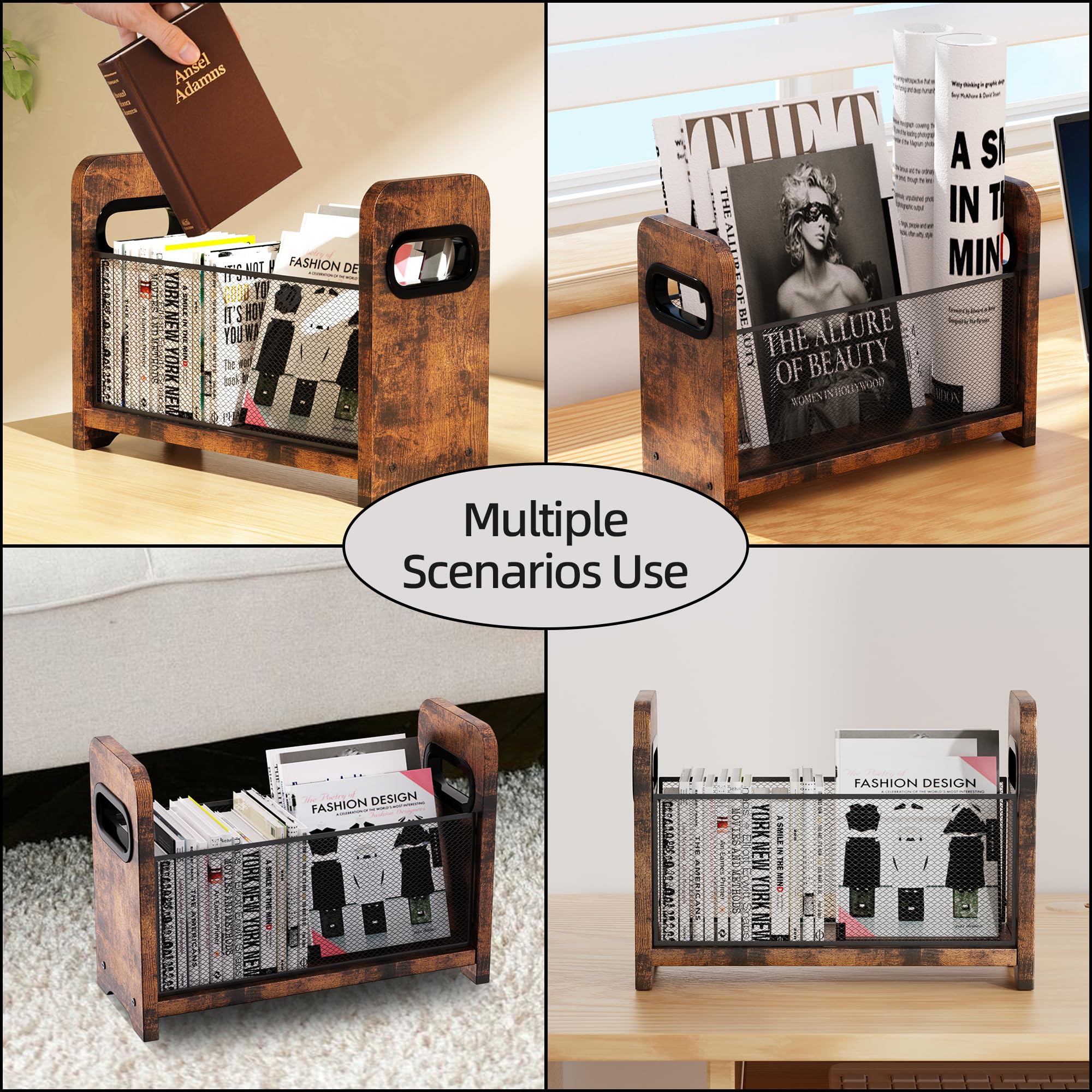 Portariviste e rastrelliera in legno, stile retrò, marrone, per libri, giornali, cartelle, organizer per scrivania/pavimento