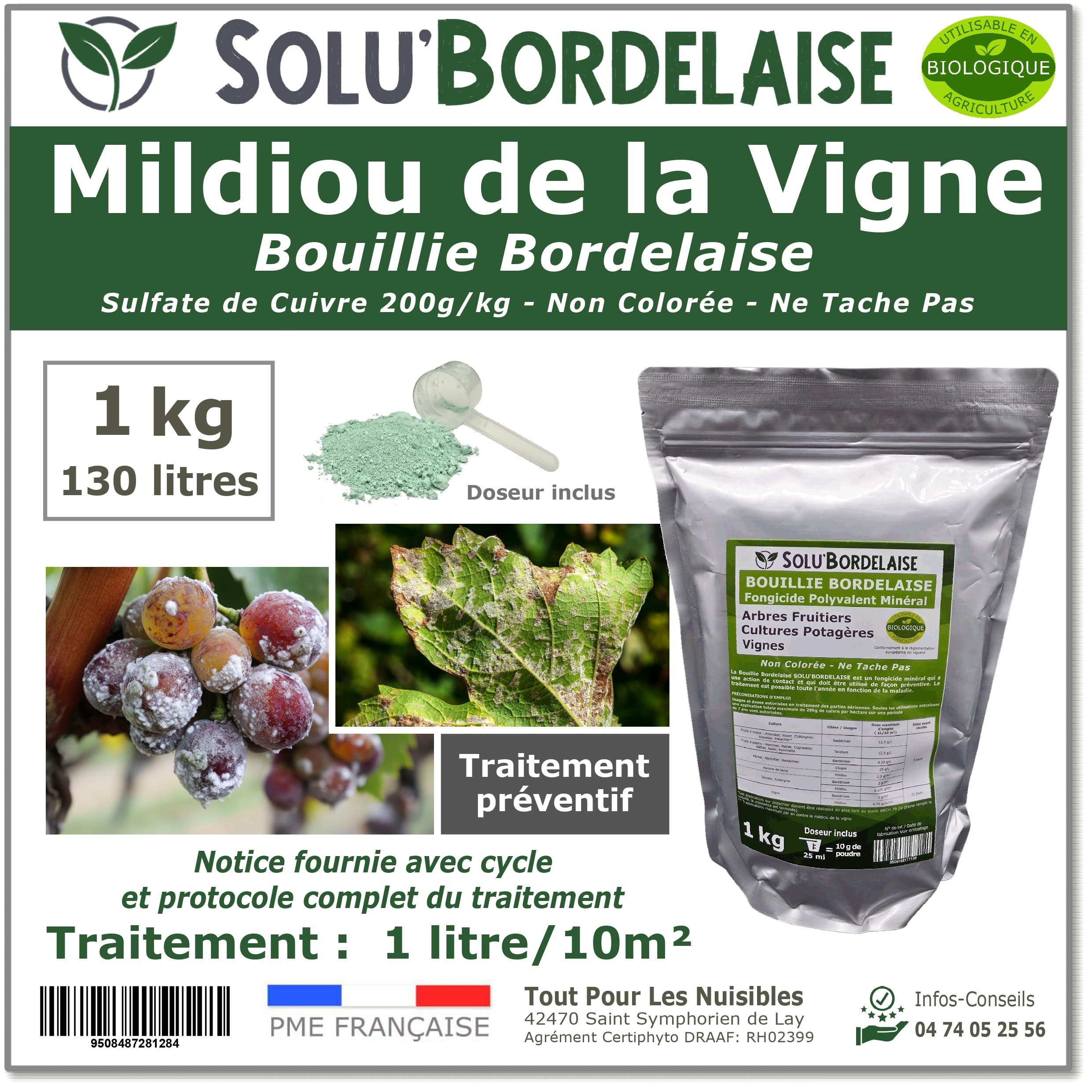 Solu'Bordelaise - 1 kg de Bouillie Bordelaise - Mildiou de la Vigne - Utilisable Agriculture Biologique - Sachet Refermable