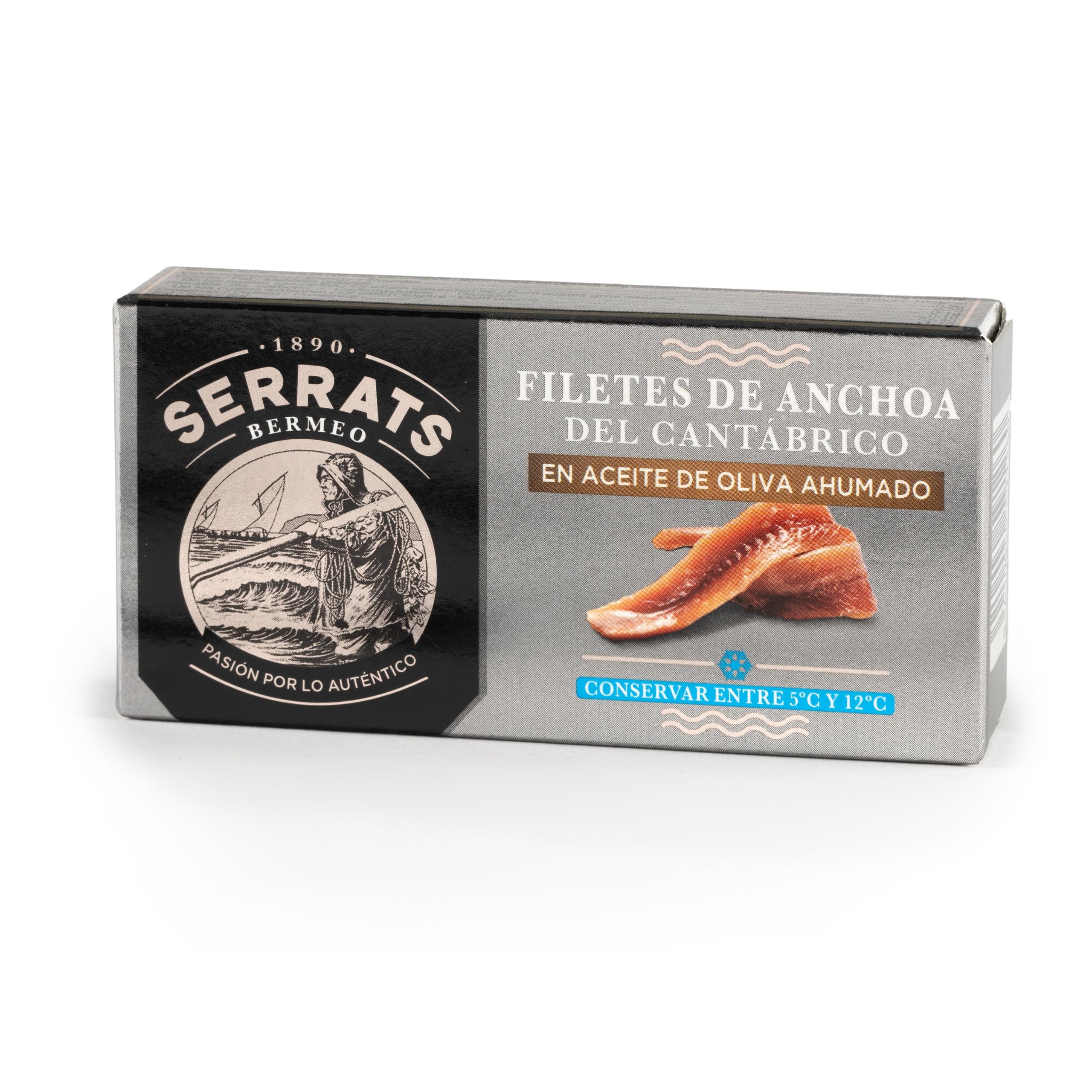 CONSERVAS SERRATS - Anchoas del Cantábrico en Aceite de Oliva Ahumado - 12 Latas x 50g (Total: 600g) - Elaboración Artesanal, 100% Natural, Sin Espinas, Gourmet, Alto contenido en Omega 3