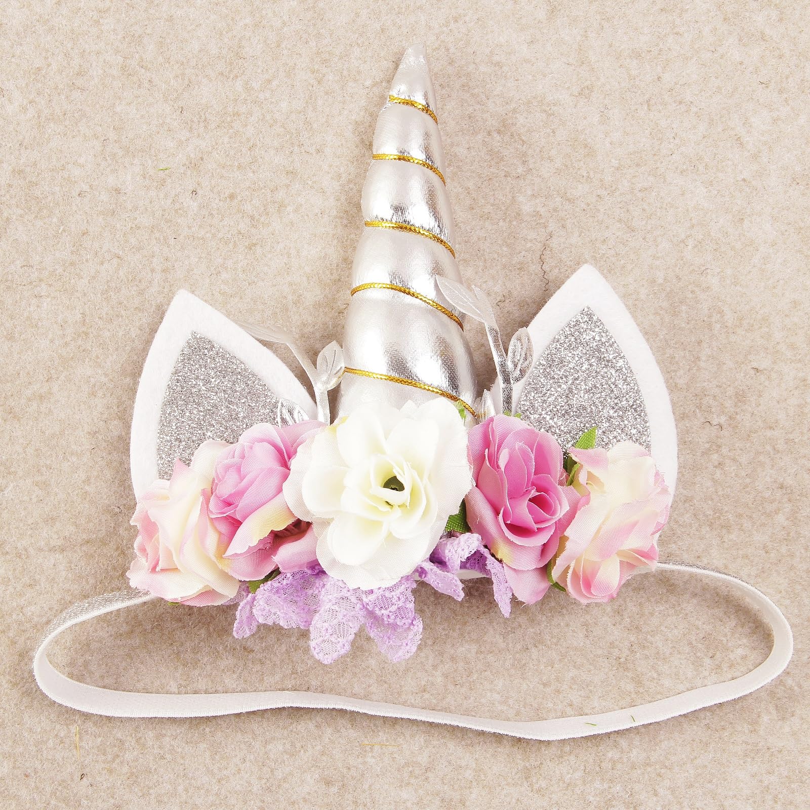 Nishine Roses Floral Unicorn Horn Headband Elastic Baby Girls Unicorn Hairband Party Supplies (Silver&Ivory) - Image 2