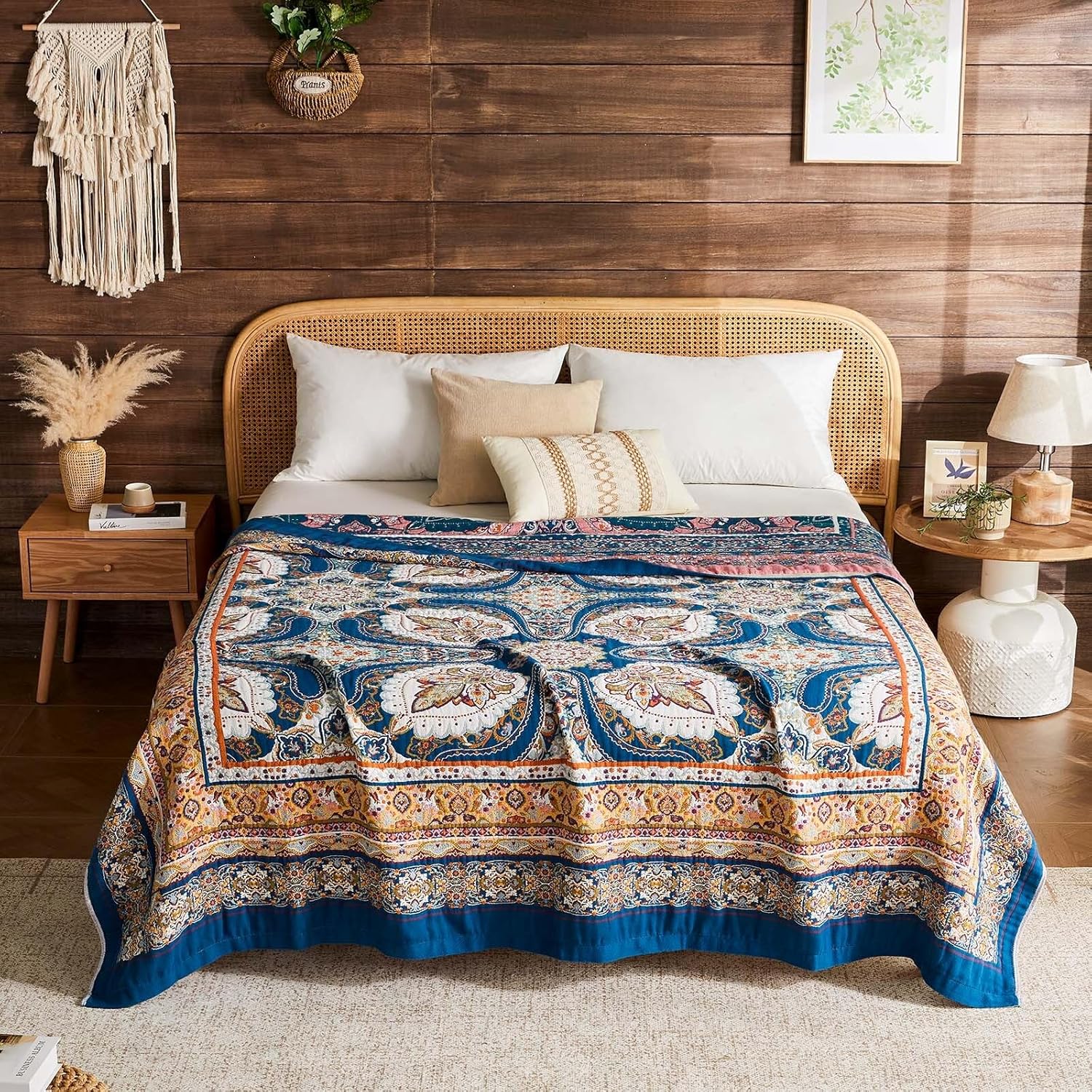 Boho Throw Blanket 100% Cotton Muslin Woven Blanket Bohemian Bed Throws Vintage Rustic Farmhouse Decor Reversible Bed Blanket Quilt for All Seasons（Blue 50"x60"）