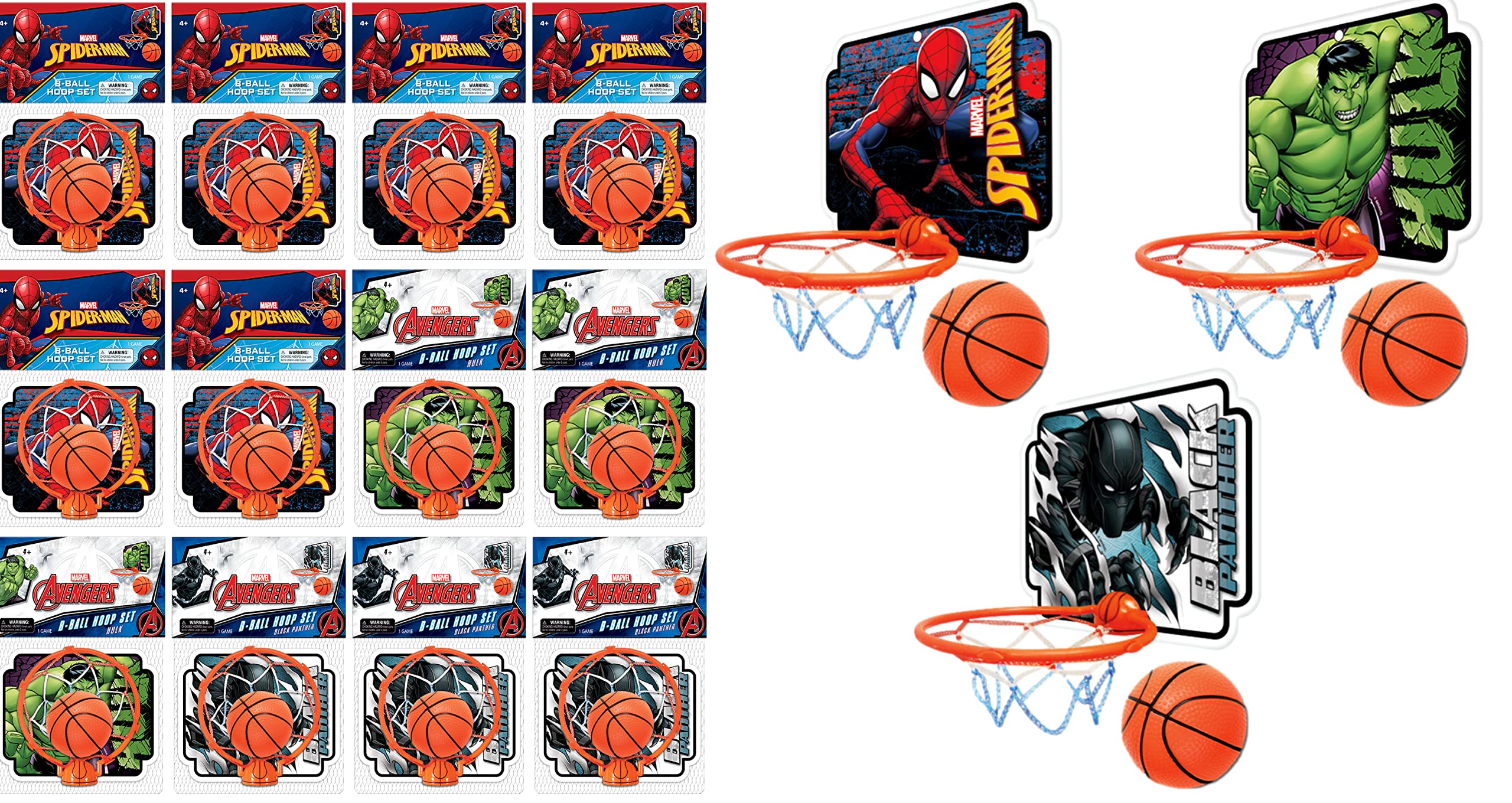 JA-RU Marvel Legends Basketball Hoop Indoor Set with Ball (12 Units Assorted) Superhero Avengers Spiderman Black Panther & Hulk Basket Ball Goal Net. Self Adhesive for Wall or Door. Spid-6822-12s