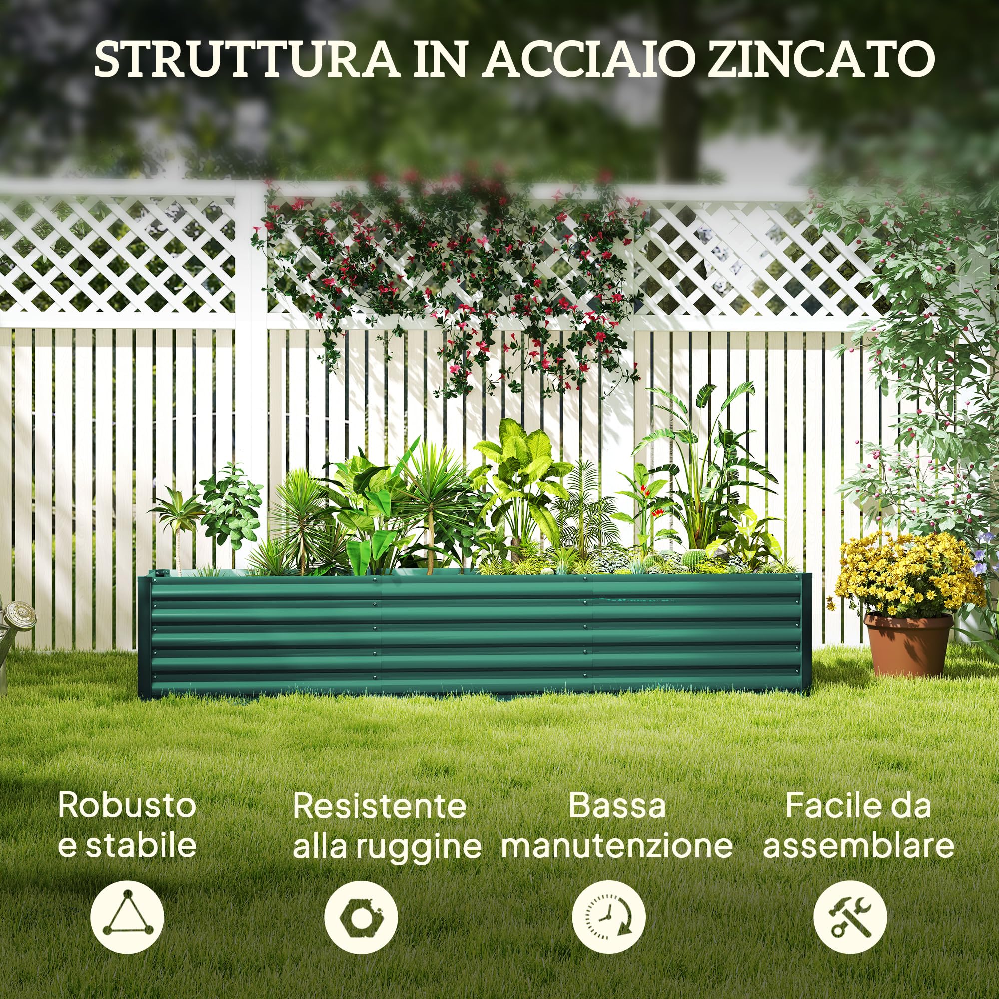 Outsunny Letto per Orto Rialzato da Esterno 394L, Fioriera da Balcone in Acciaio Galvanizzato con Fondo Aperto, per Piante, Fiori e Verdure, 240x40x45cm, Verde