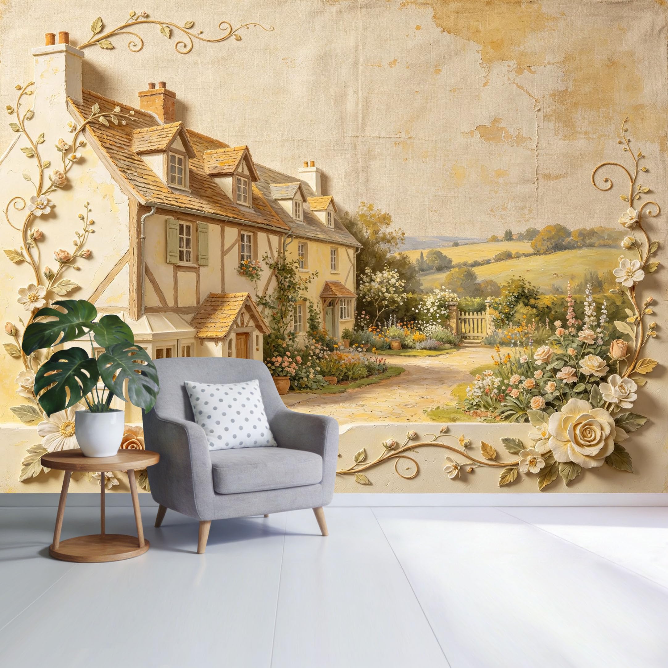 Custom Size Wall Mural Vintage Farmhouse Countryside Cottage Floral Garden Landscape Watercolor Style SelfAdhesive Wall Fabric Removable Wallpaper for Home Office Decor