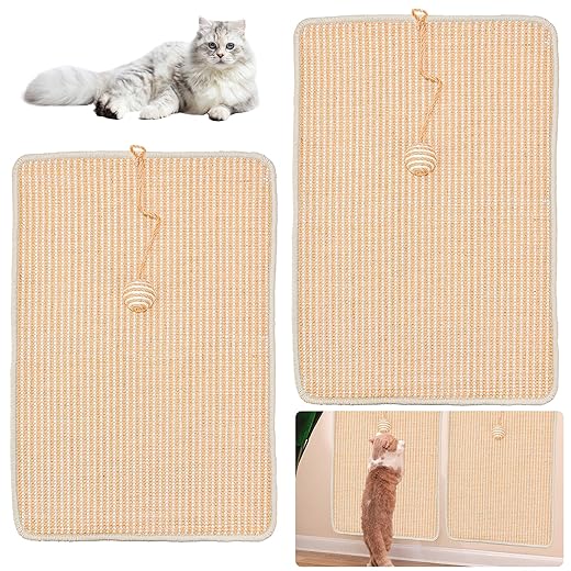 2 Pieces Scratching Mat for Cats Adhesive Scratching Mat for Cats 60 x 40 cm Natural Sisal Scratch-Resistant Mat with Ball Toy for Floors, Beige
