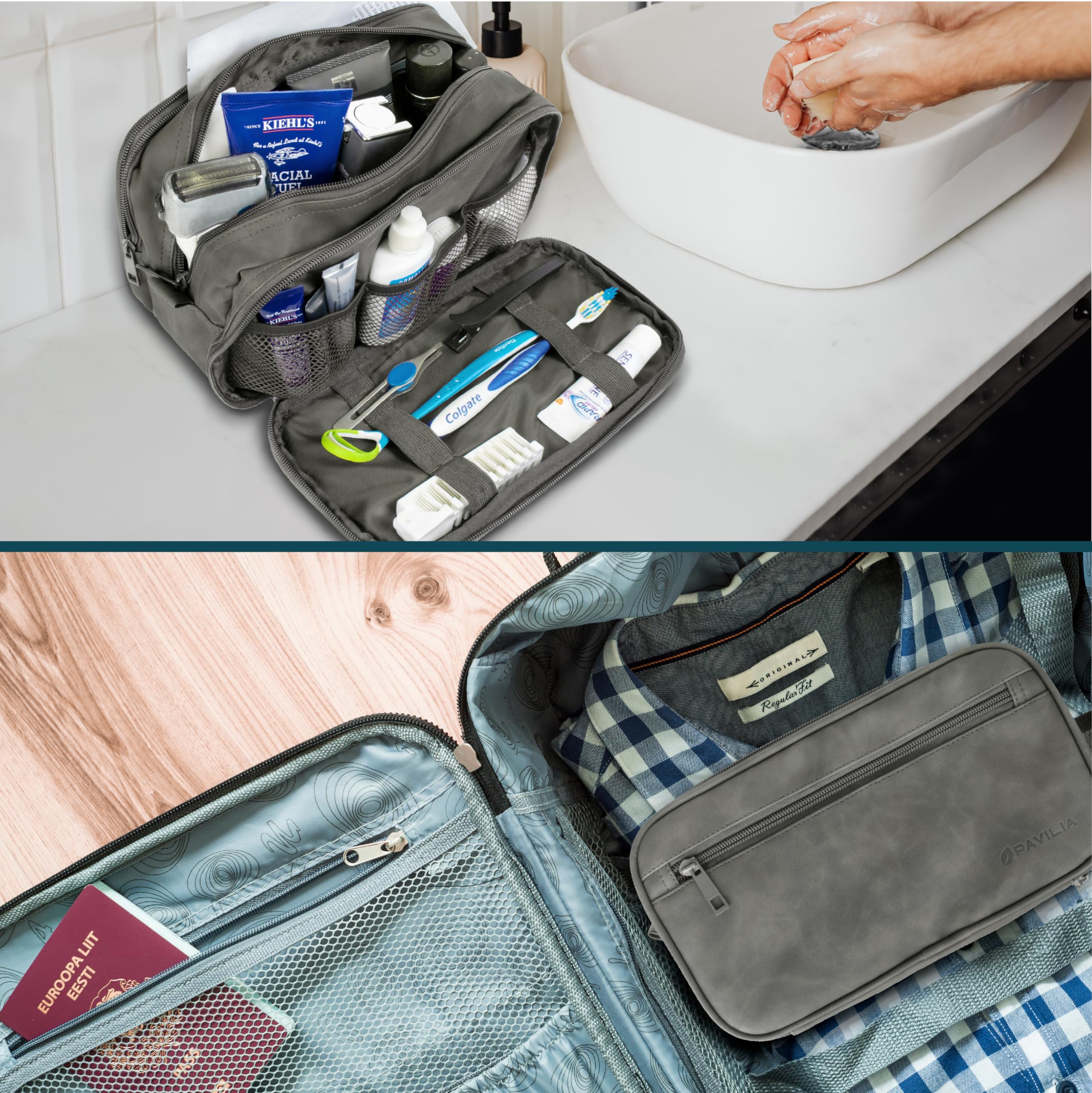 PAVILIA Kulturbeutel für Herren, Reiseutensilien, Dopp Kit, Kosmetik-Organizer, grau dunkel, Large (10.5x5.5x6), Kulturbeutel | Normale oder XL-Größe, mehrere Fächer, Reißverschlussöffnung, wasserabweisendes PU-Leder, Reise-Toilettenartikel-Schutz
