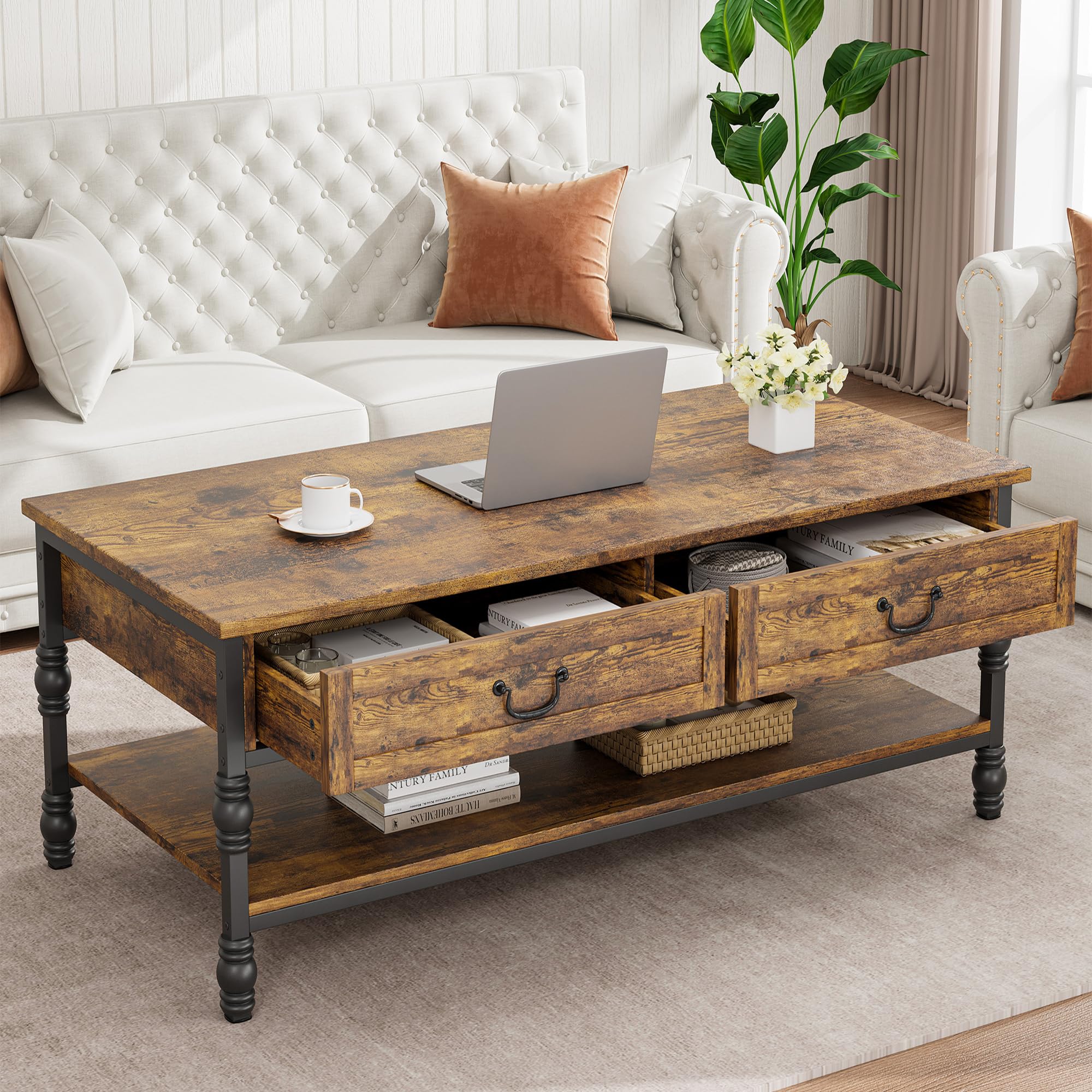 IDEALHOUSE Coffee Table with Drawers 41" Large Center Table with Storage Rectangular Cocktail Table Mid Century Wooden Coffee Tables Retro Living Room